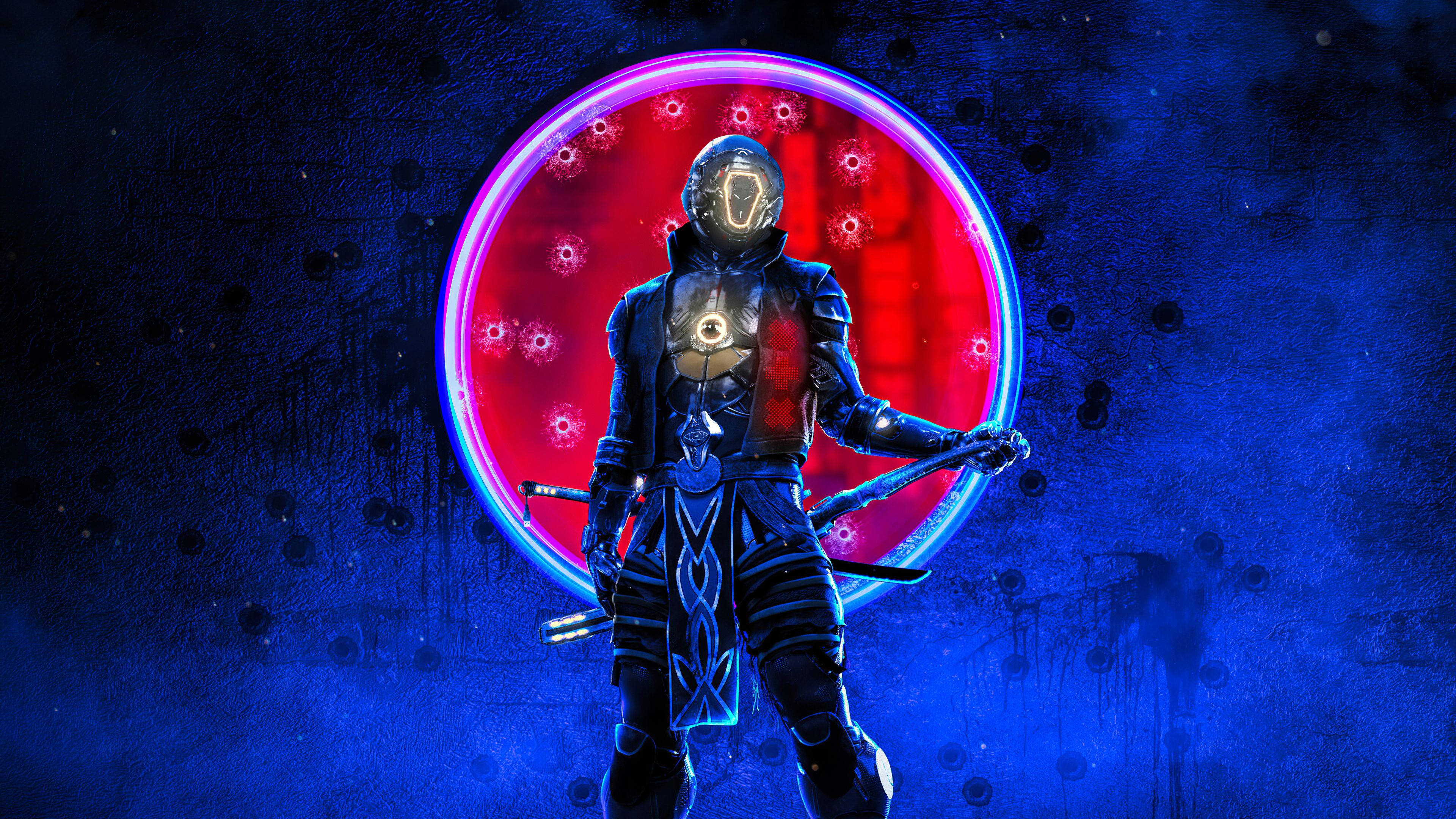 8K Samurai, high tech suit, glowing red and blue circular portal, 4K Desktop Wallpaper