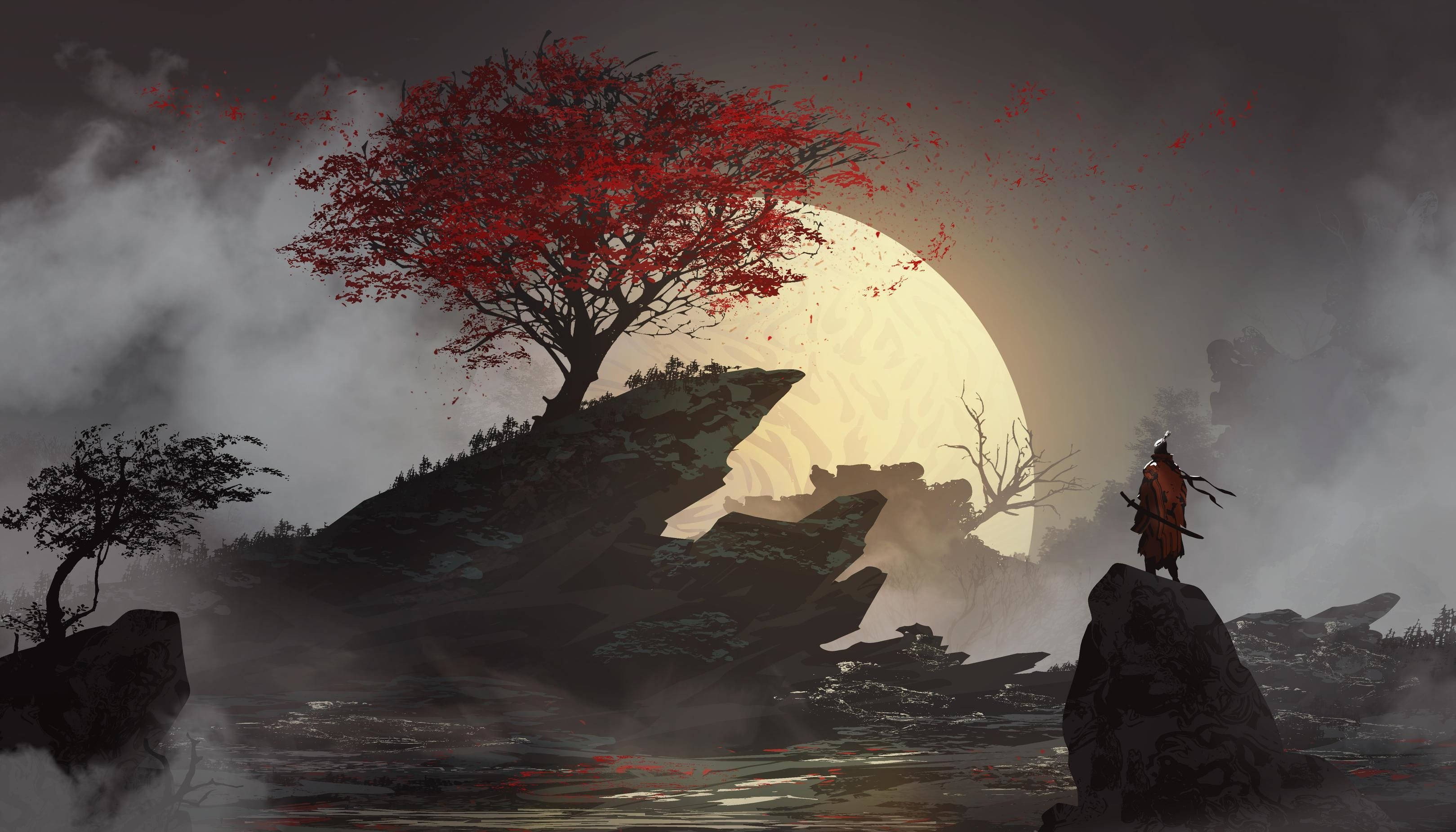 8K Samurai, full moon, misty rock, 2K Desktop Wallpaper