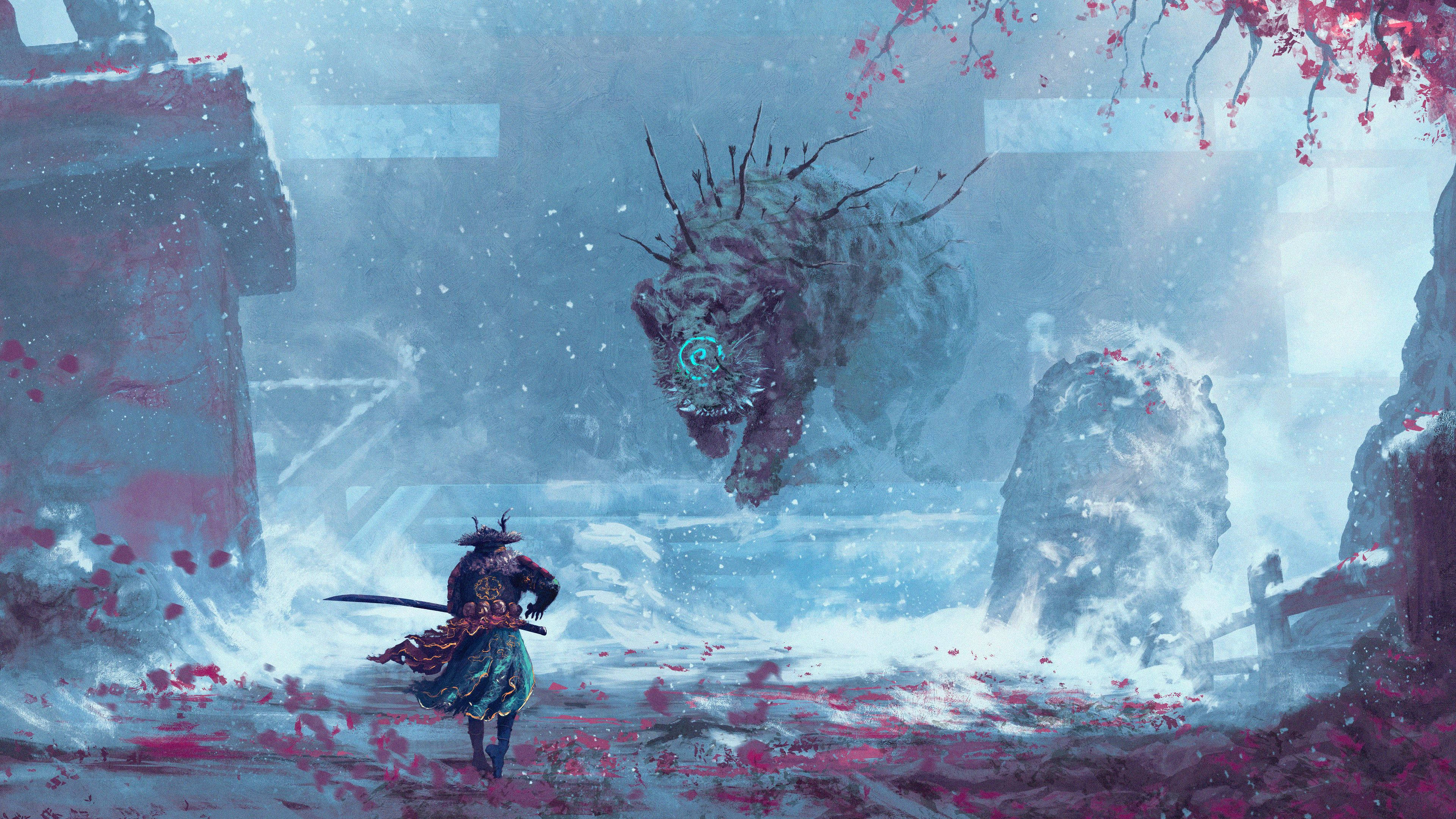 8K Samurai, mystic tiger, snowy ruin, 4K Desktop Wallpaper