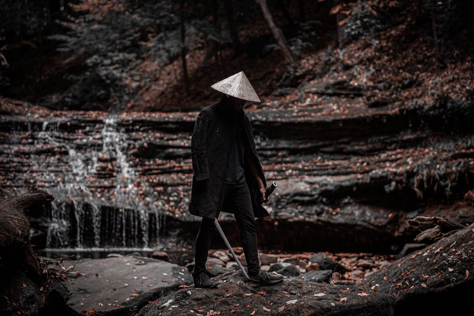 8K Samurai, conical hat, dark coat, HD Desktop Wallpaper