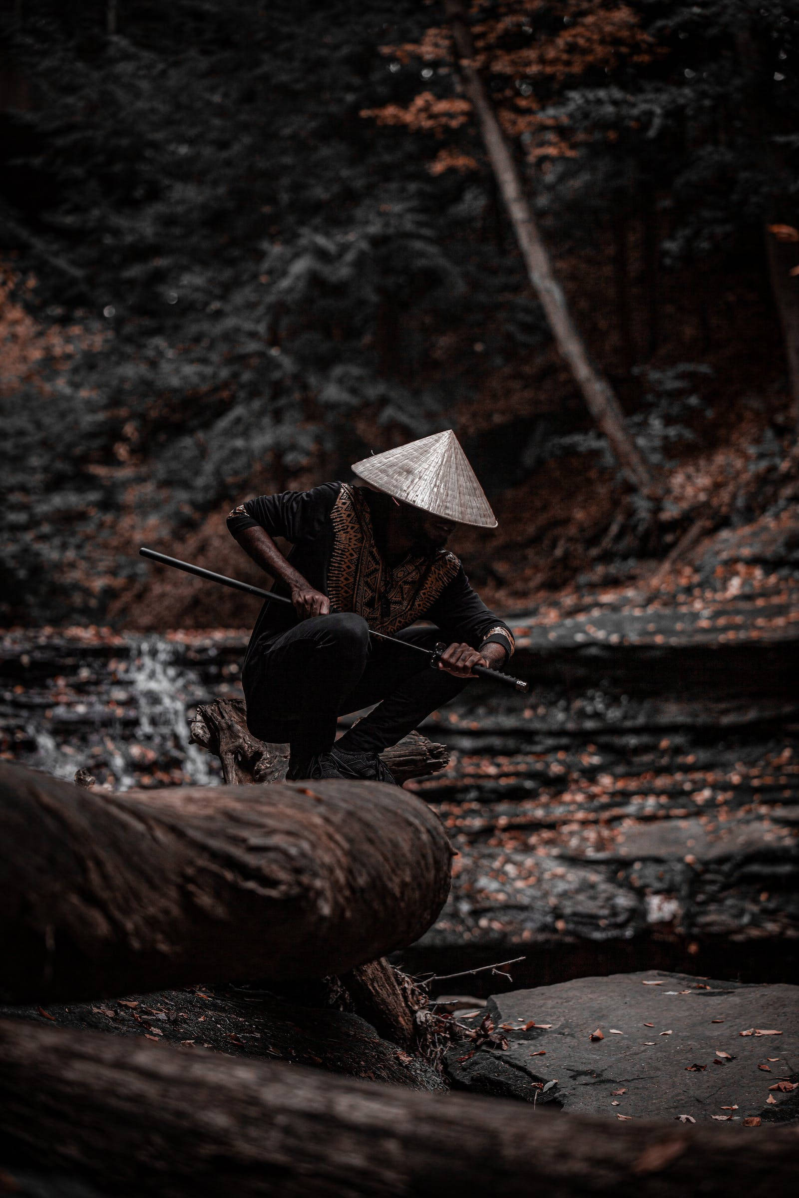 8K Samurai, conical hat, logs, Full HD Phone Wallpaper