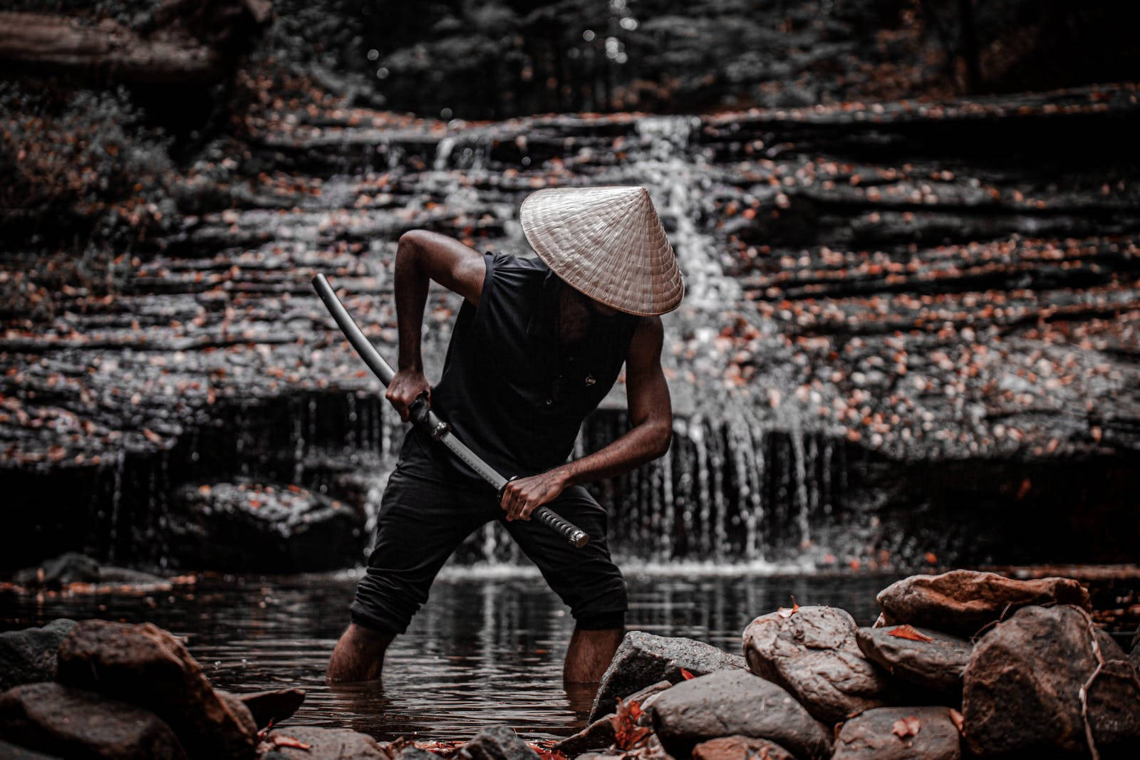 8K Samurai, conical hat, katana, HD Desktop Wallpaper