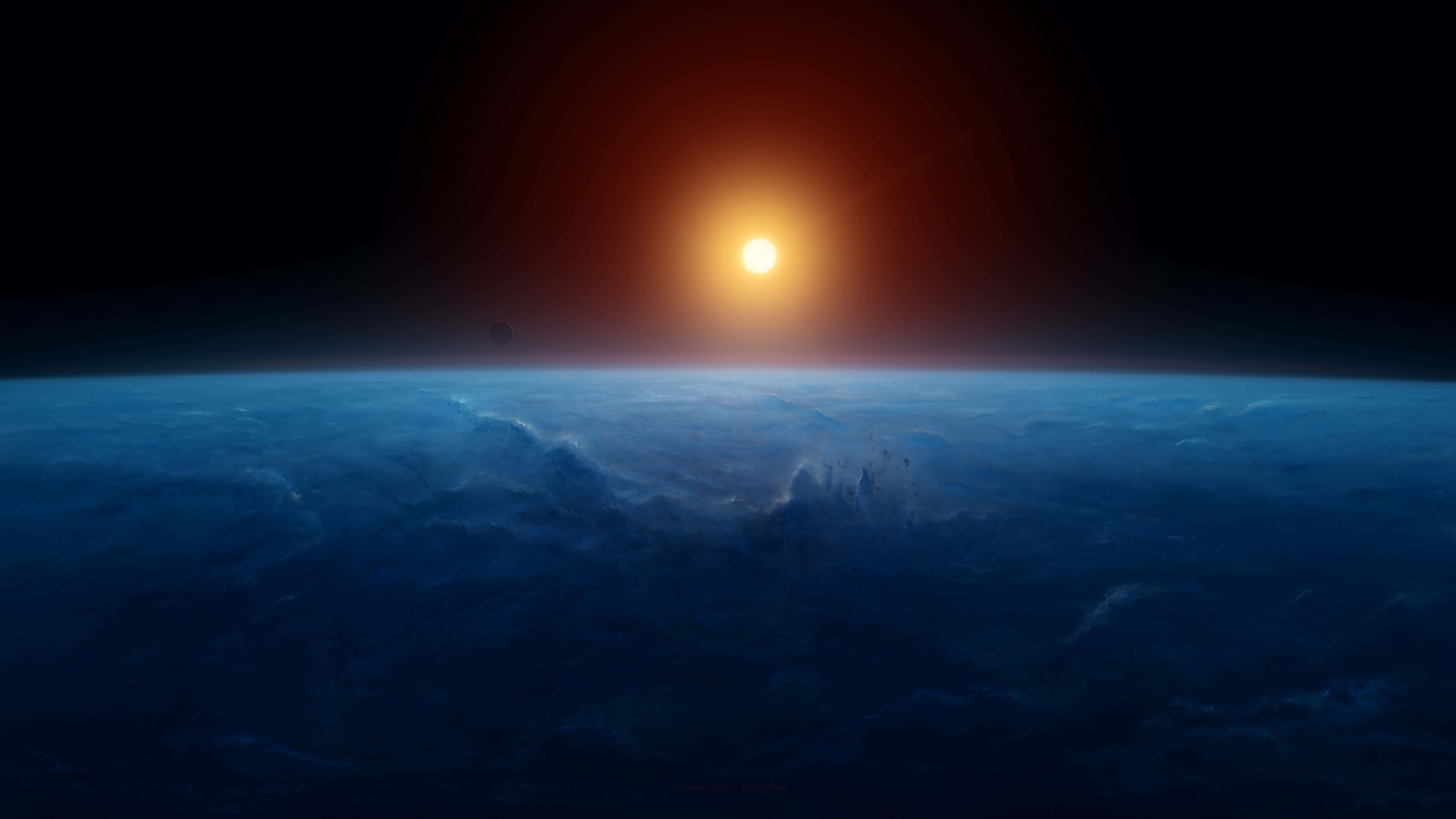 8K Space, glowing sun, turbulent blue ocean, 8K Desktop Wallpaper