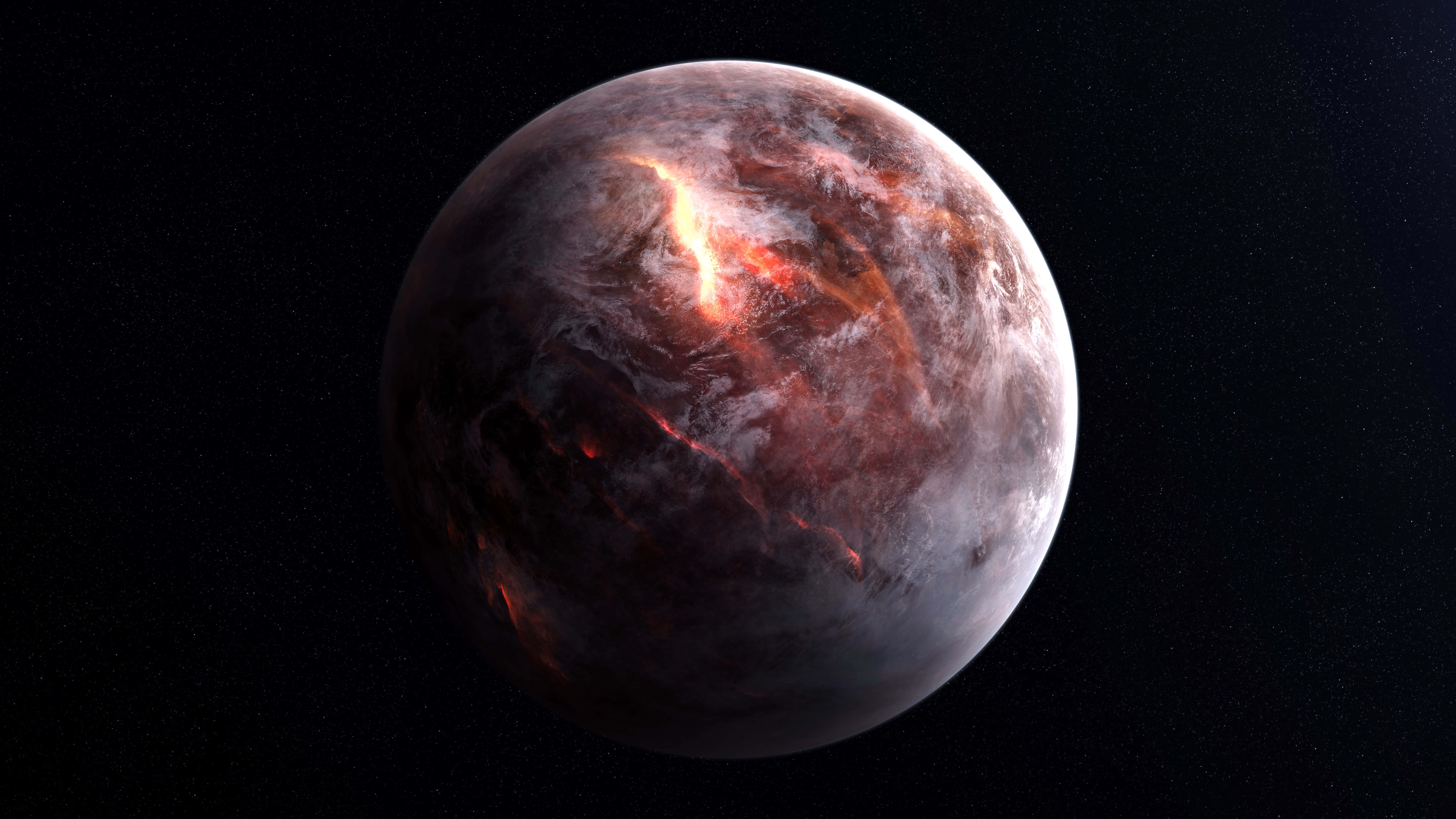 8K Space, fiery volcanic planet, glowing lava rivers, 8K Desktop Wallpaper