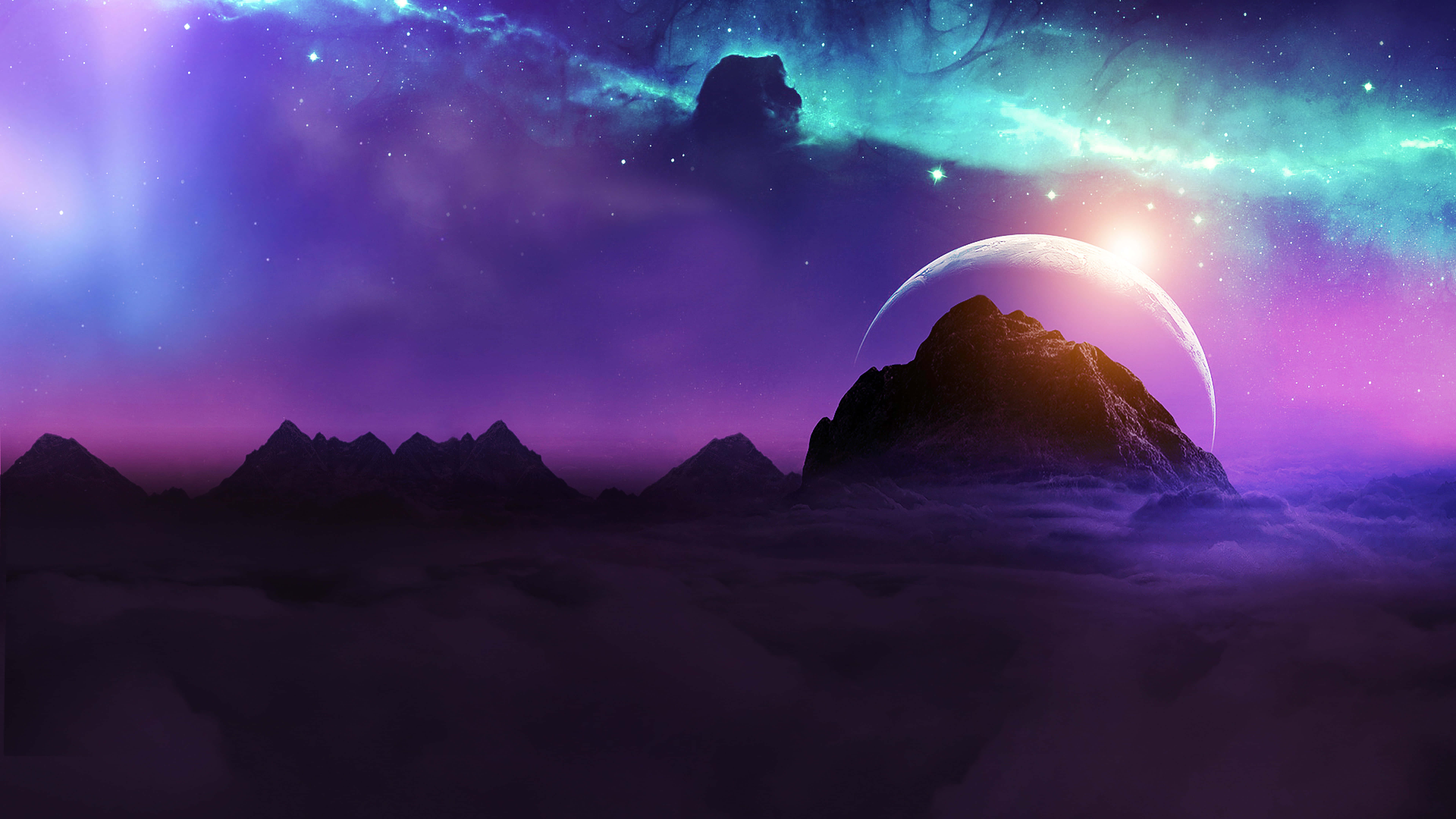 8K Space, vibrant purple and teal nebula, glowing crescent moon, 8K Desktop Wallpaper