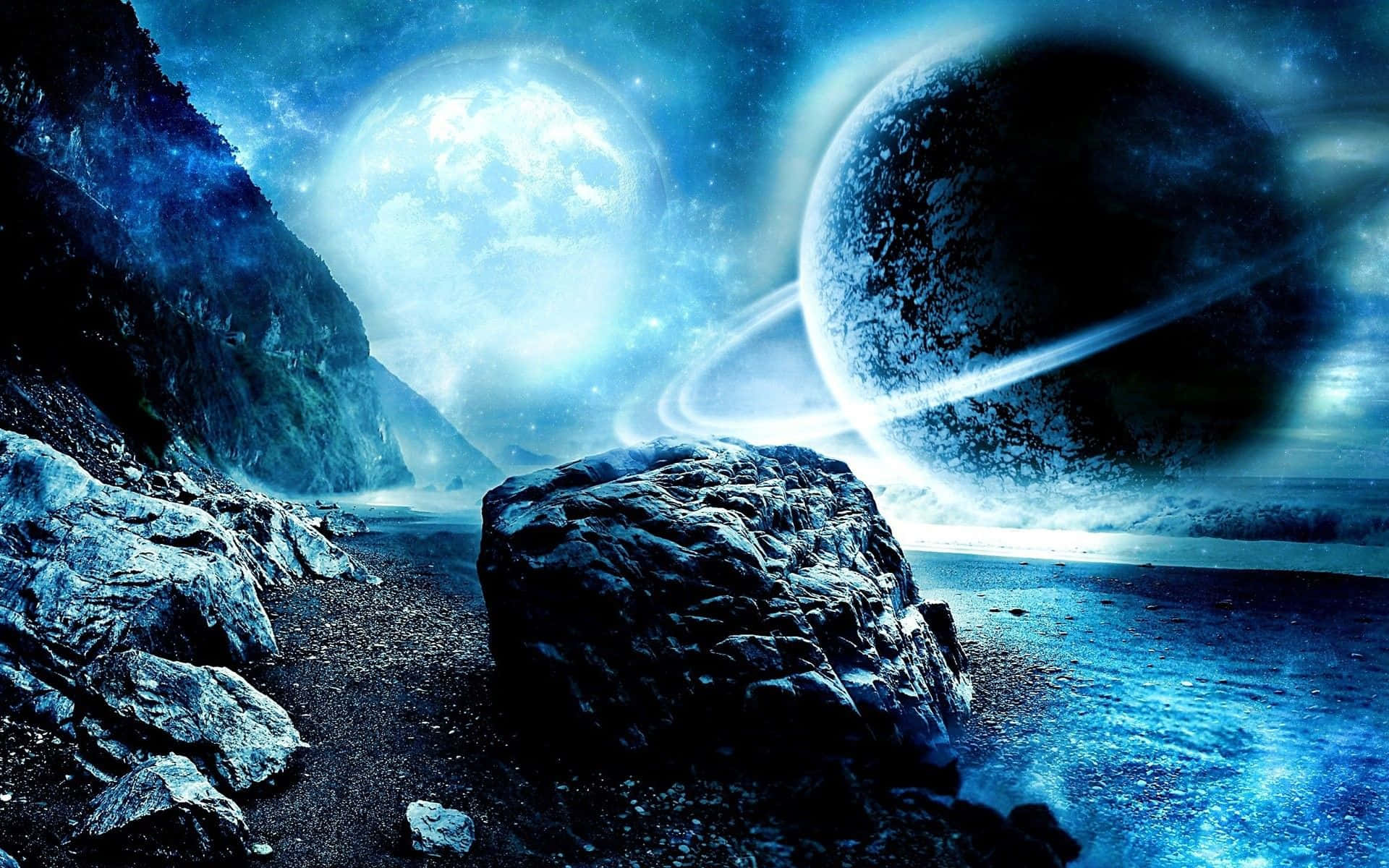 8K Space, rocky alien beach, glowing blue moon, Full HD Desktop Wallpaper