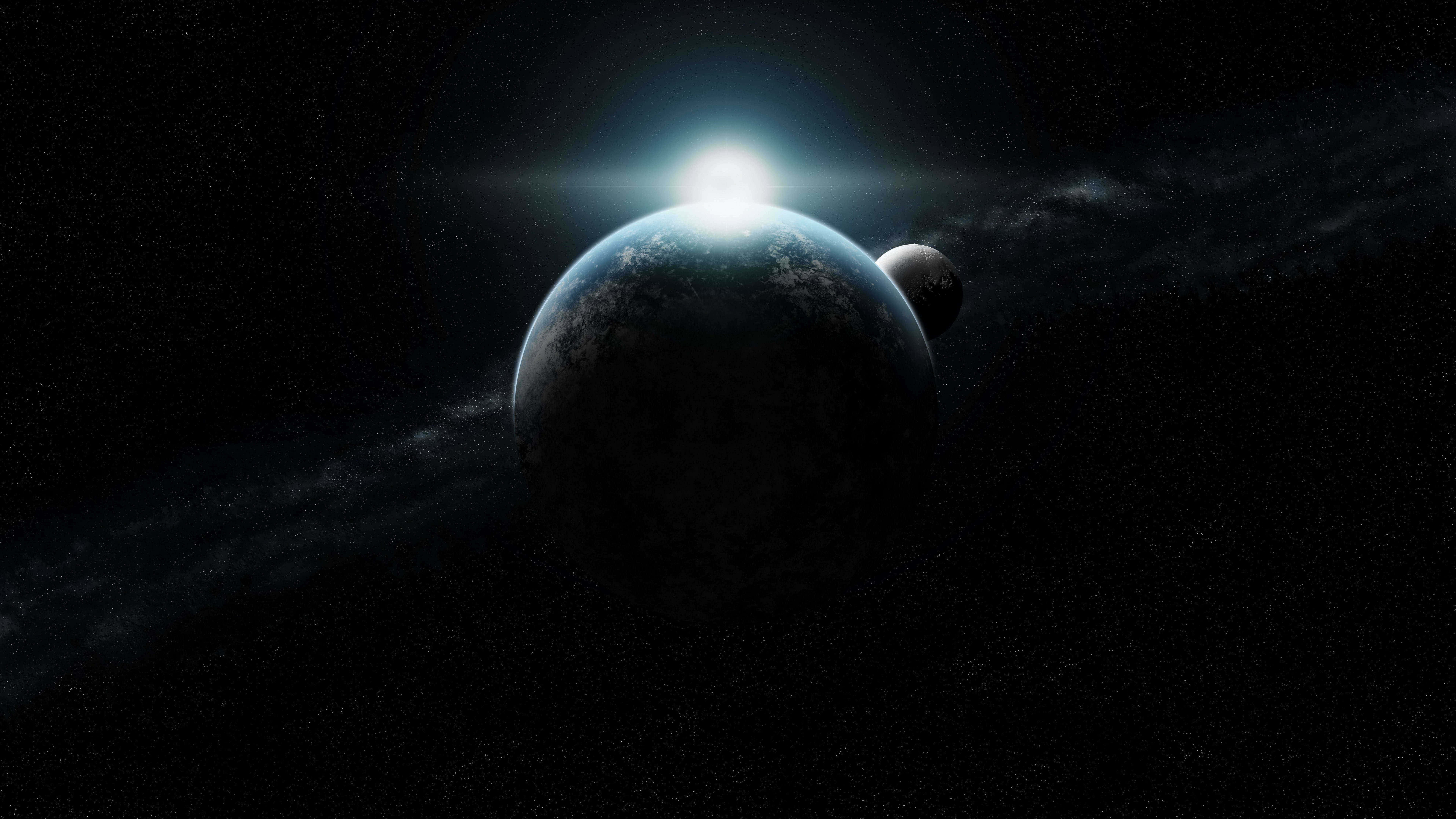 8K Space, glowing blue planet, bright sun, 8K Desktop Wallpaper