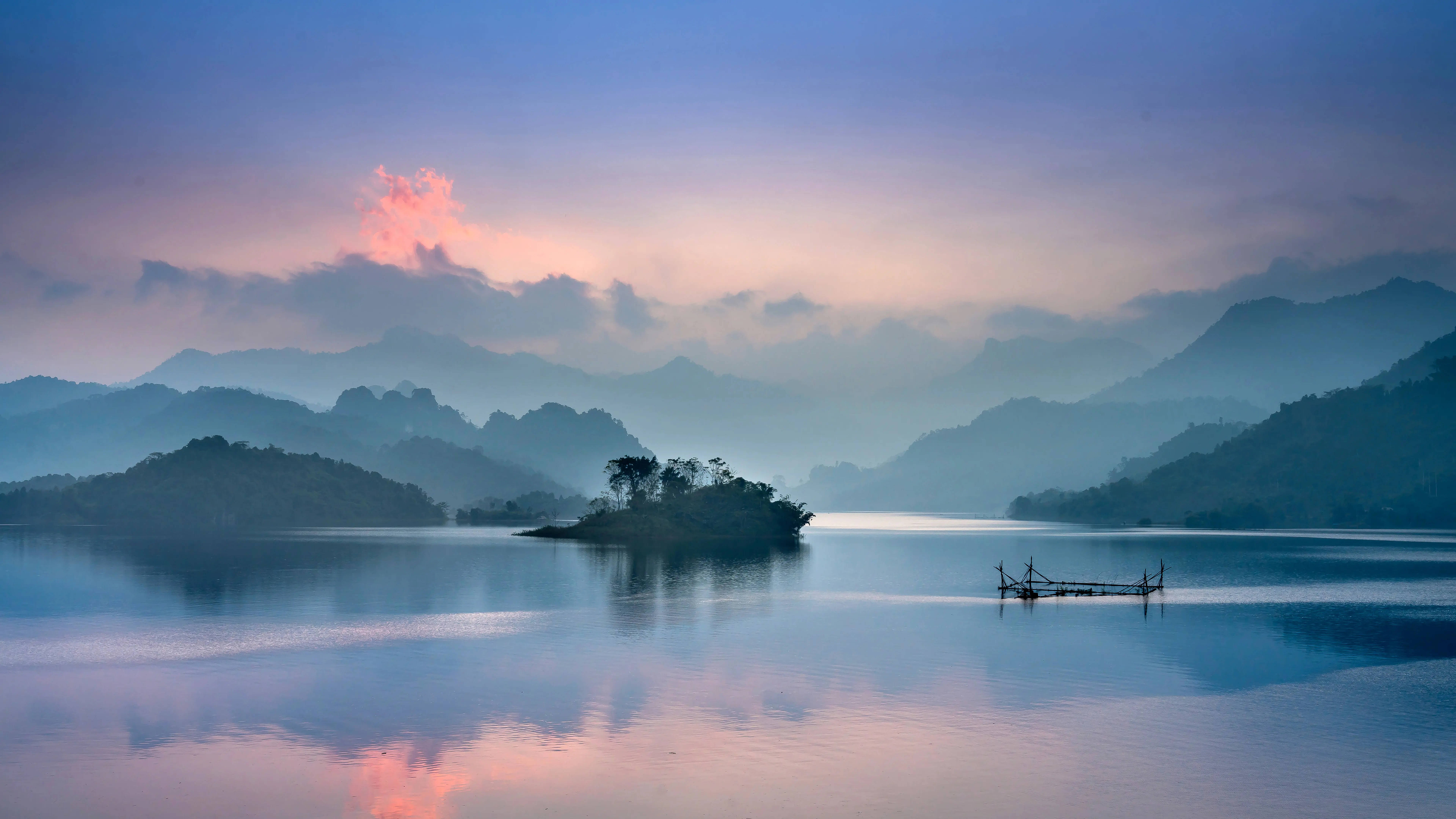8K Ultra HD Nature, foggy islands, serene lake, 8K Desktop Wallpaper