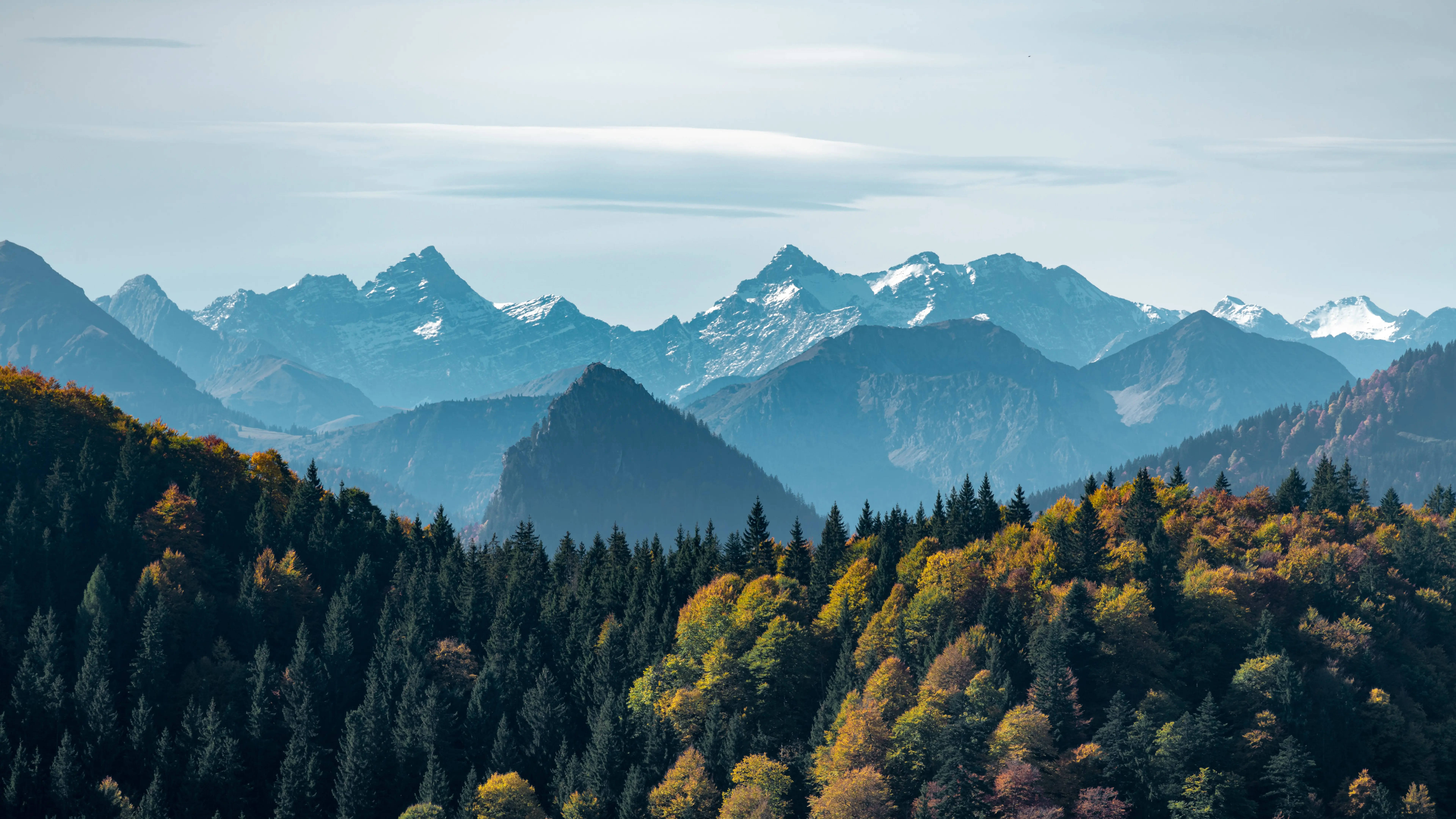 8K Ultra HD Nature, autumn mountain vista, snow-capped peaks, 8K Desktop Wallpaper