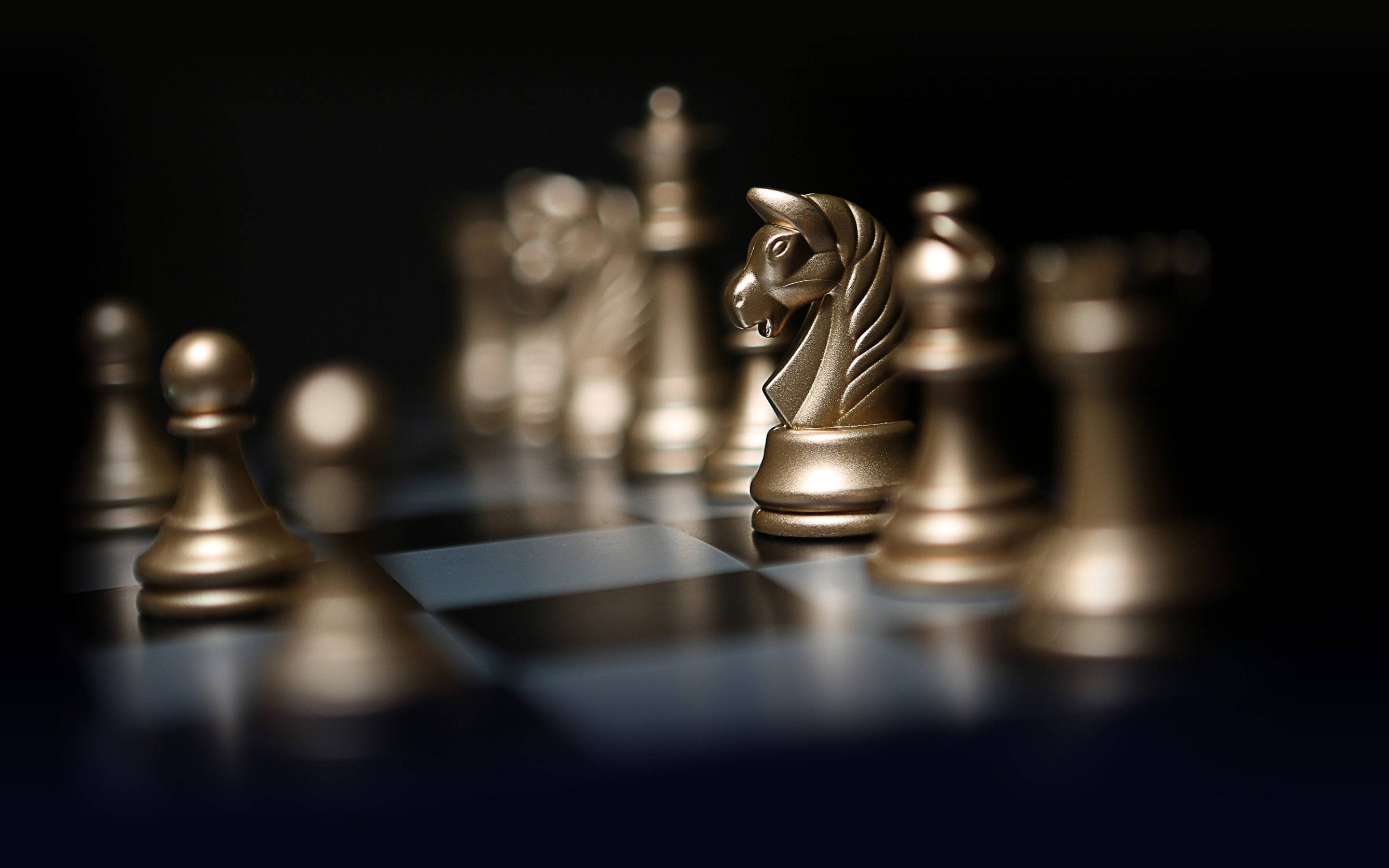 8K Ultra HD, gold chessboard pieces, dramatic lighting, 2K Desktop Wallpaper