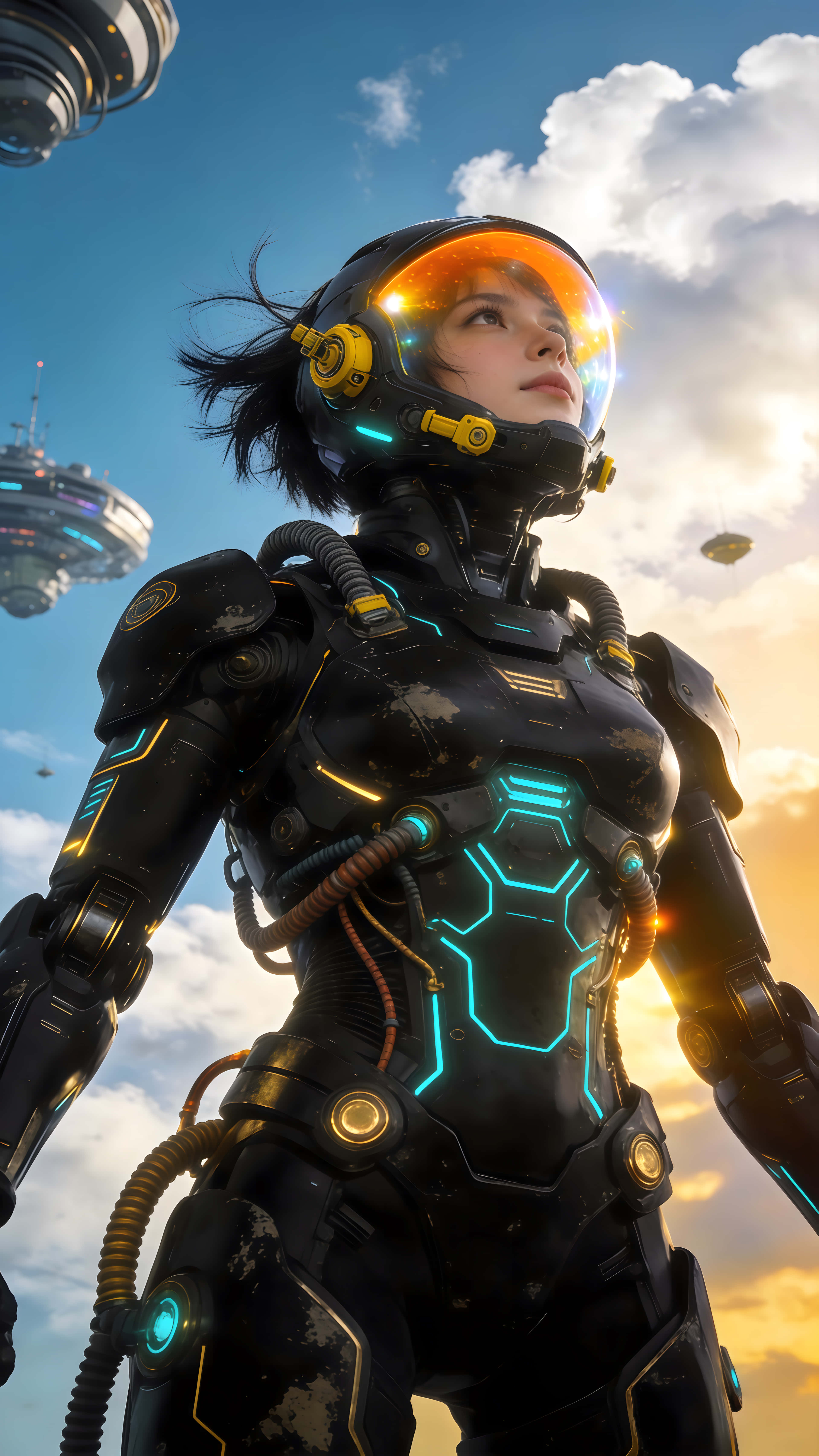 female astronaut, black armored suit, glowing blue circuits, 5K Phone Wallpaper