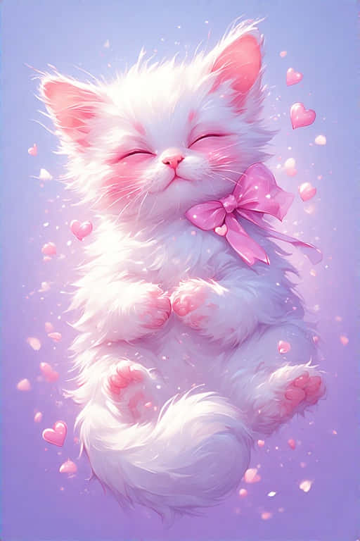 kawaii white kitten, pink bow, pastel purple, SD Phone Wallpaper
