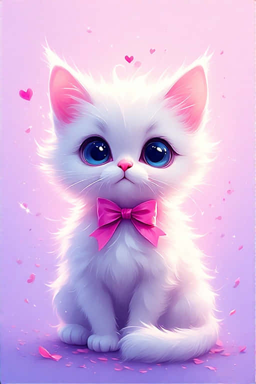 kawaii white kitten, pink bow, pastel purple, SD Phone Wallpaper