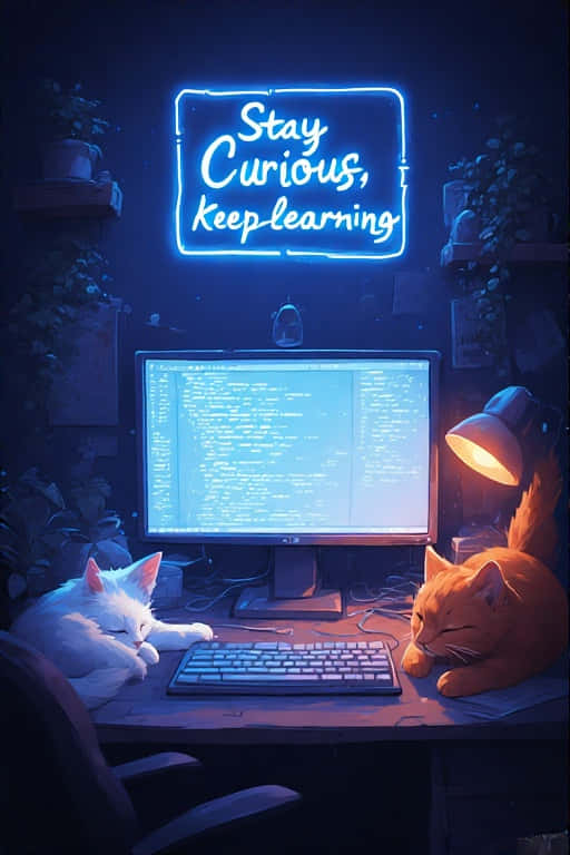 cozy programmer workspace, two cats, glowing computer screen, SD Phone Wallpaper