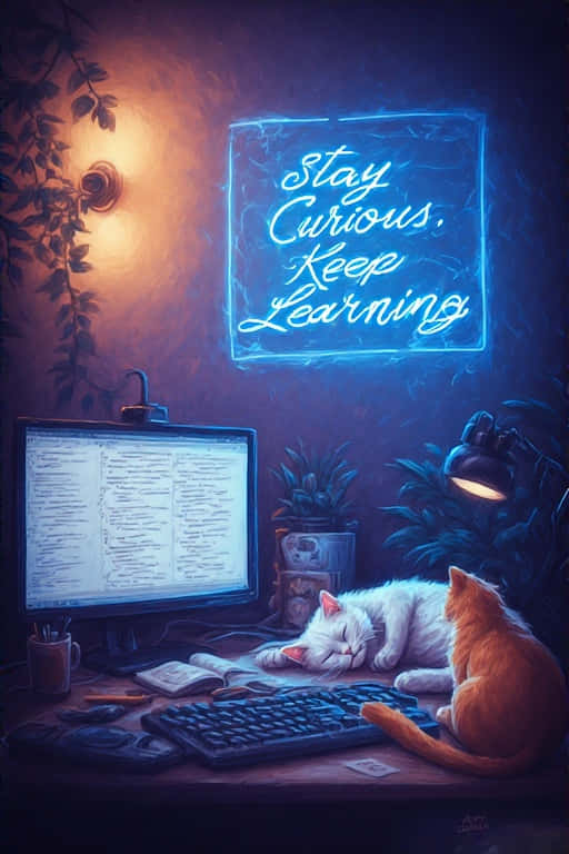 cozy programmer workspace, two sleeping cats, glowing neon sign, SD Phone Wallpaper