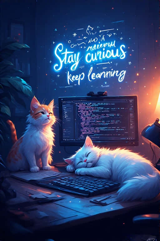 cozy programmer workspace, two cats, glowing desk, SD Phone Wallpaper