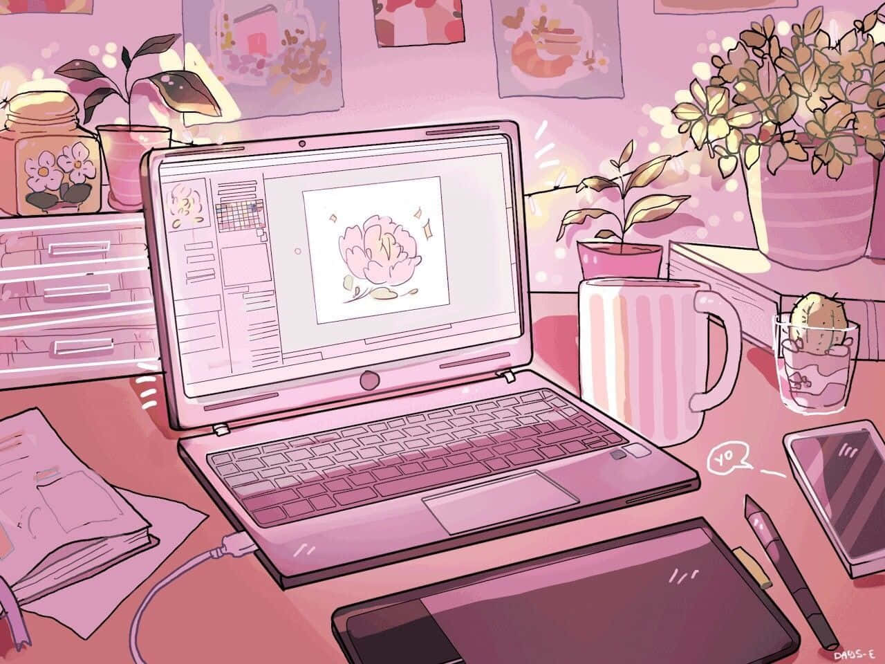 90s aesthetic laptop, pink, flower drawing, HD Desktop Wallpaper