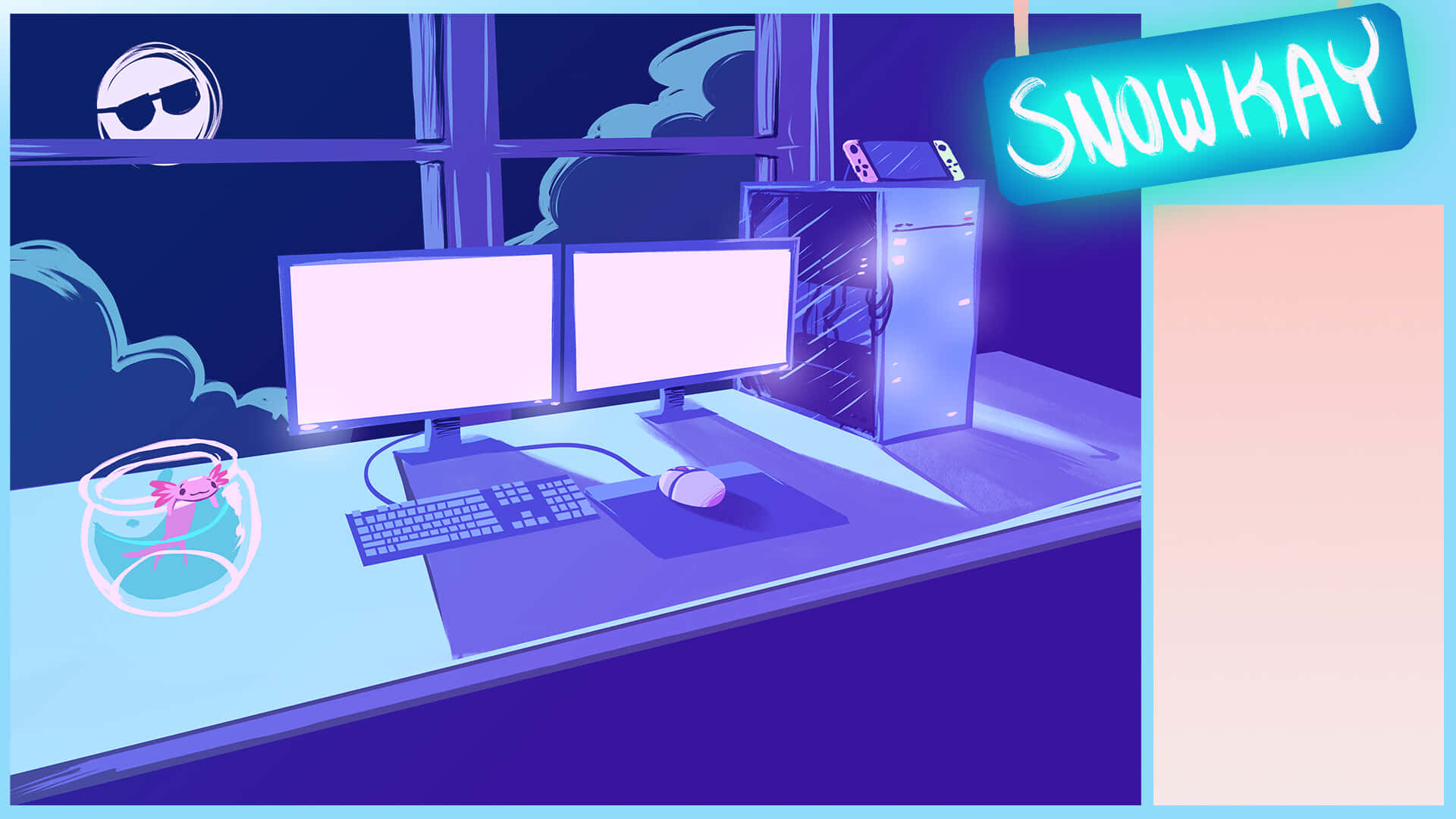 90s Aesthetic Laptop, neon purple light, dual monitors, Full HD Desktop Wallpaper