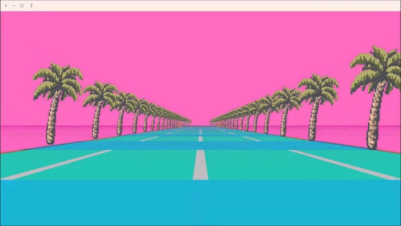 pink sky, blue screen, palm trees, HD Desktop Wallpaper
