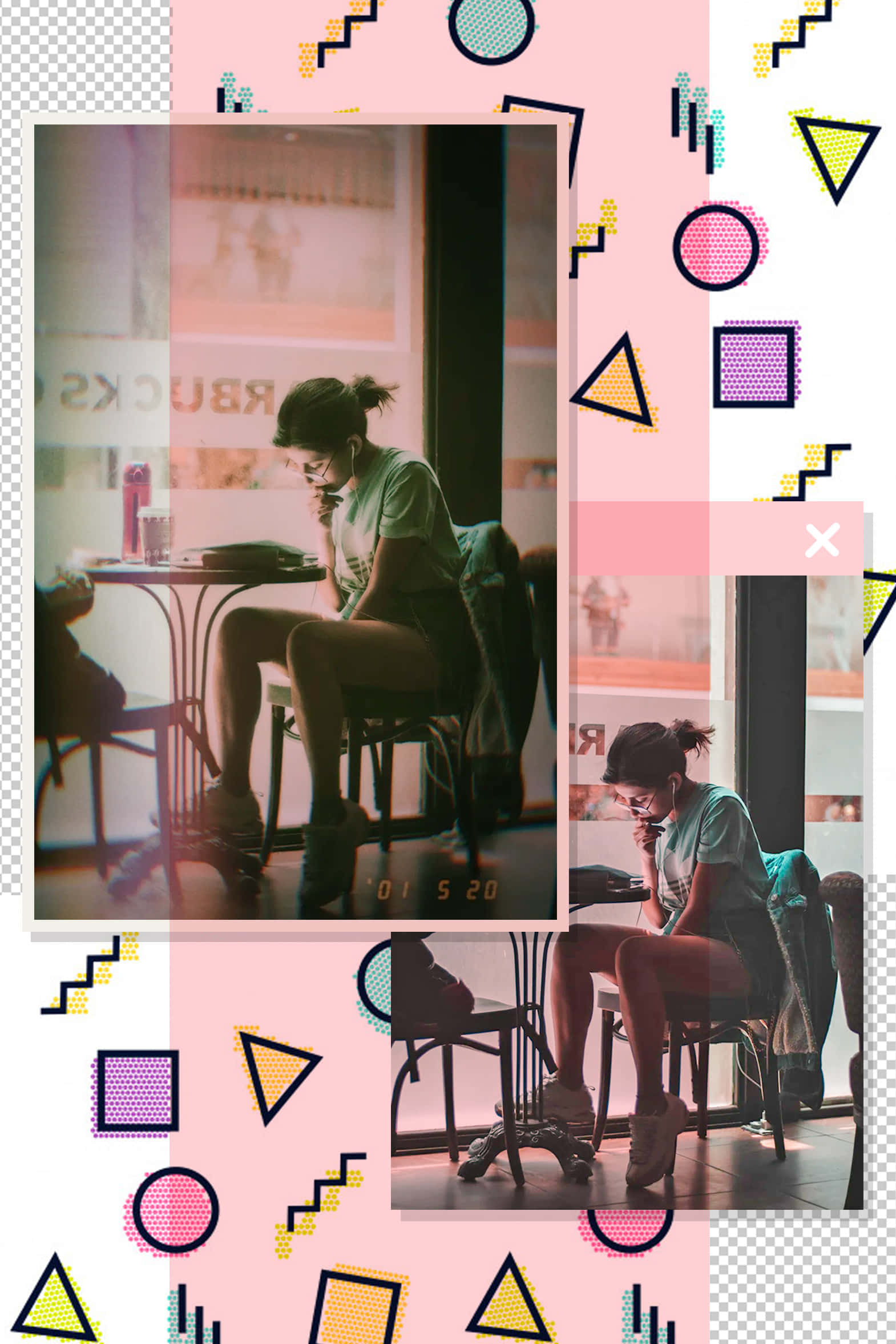 90s Style Photo Album Page, pastel pink overlays, vibrant geometric shapes, Full HD Phone Wallpaper