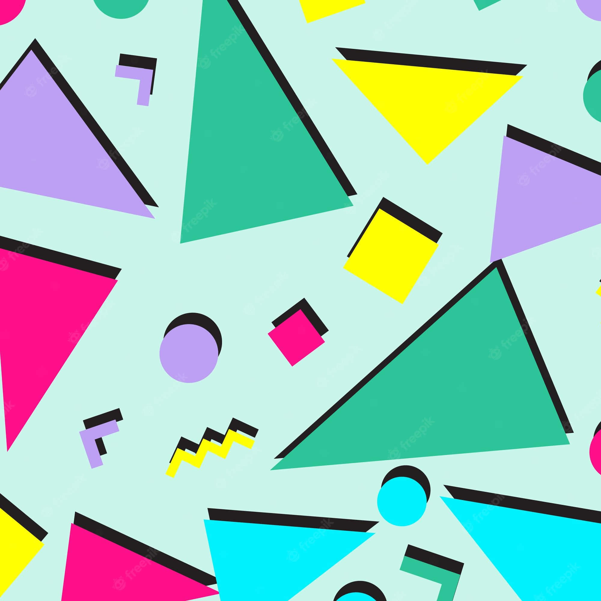 90s style, neon colors, geometric shapes, Full HD Desktop Wallpaper