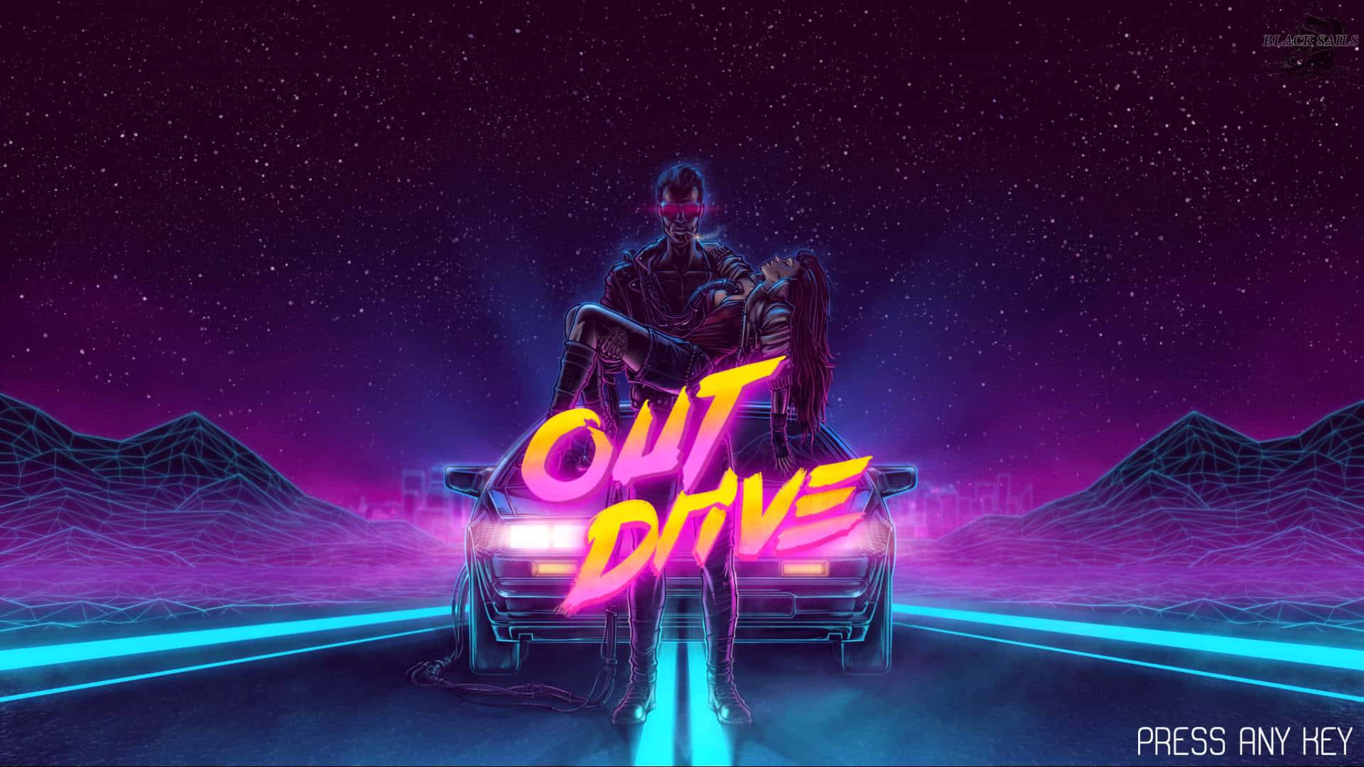 90s Retro Out Drive, neon-lit, glowing car, Full HD Desktop Wallpaper