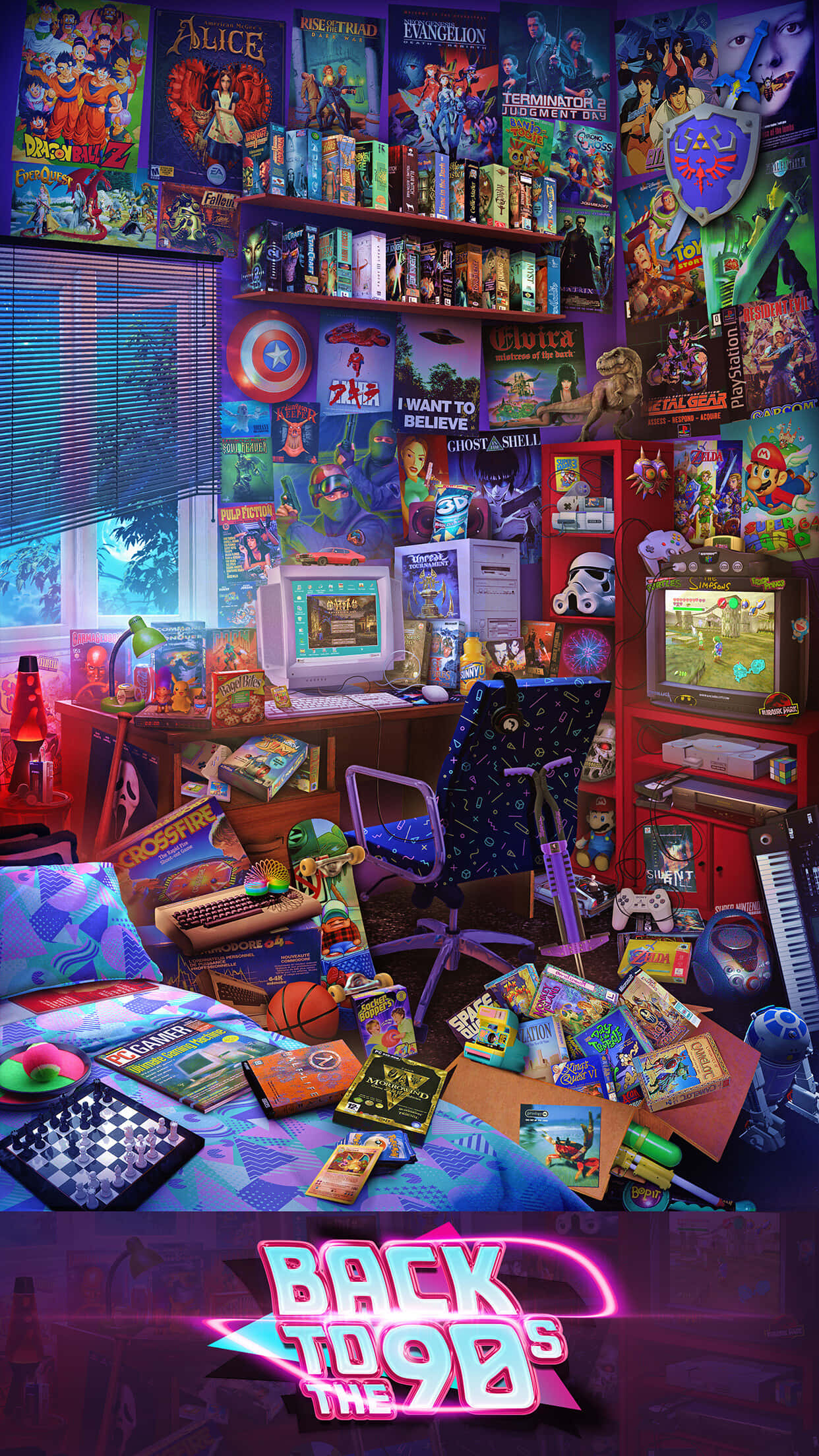90s gamer's room, posters, games consoles, Full HD Phone Wallpaper