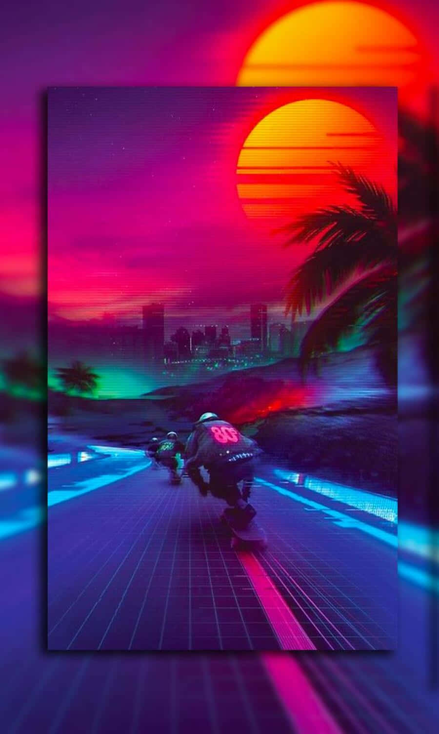 90s vintage retro aesthetic vibes, glowing grid, massive sunset, HD Phone Wallpaper