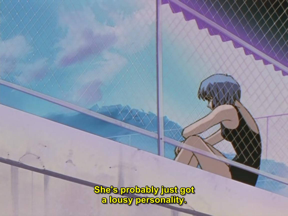 90s anime aesthetic desktop, blue-haired anime girl, swimsuit, SD Desktop Wallpaper