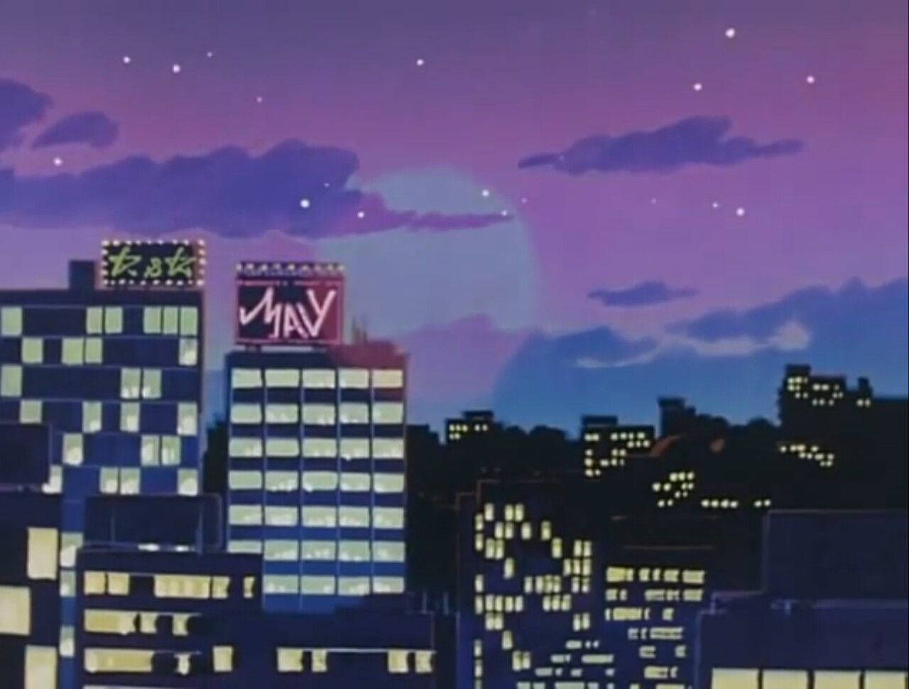 90s anime aesthetic desktop, cityscape, glowing skyscrapers, HD Desktop Wallpaper