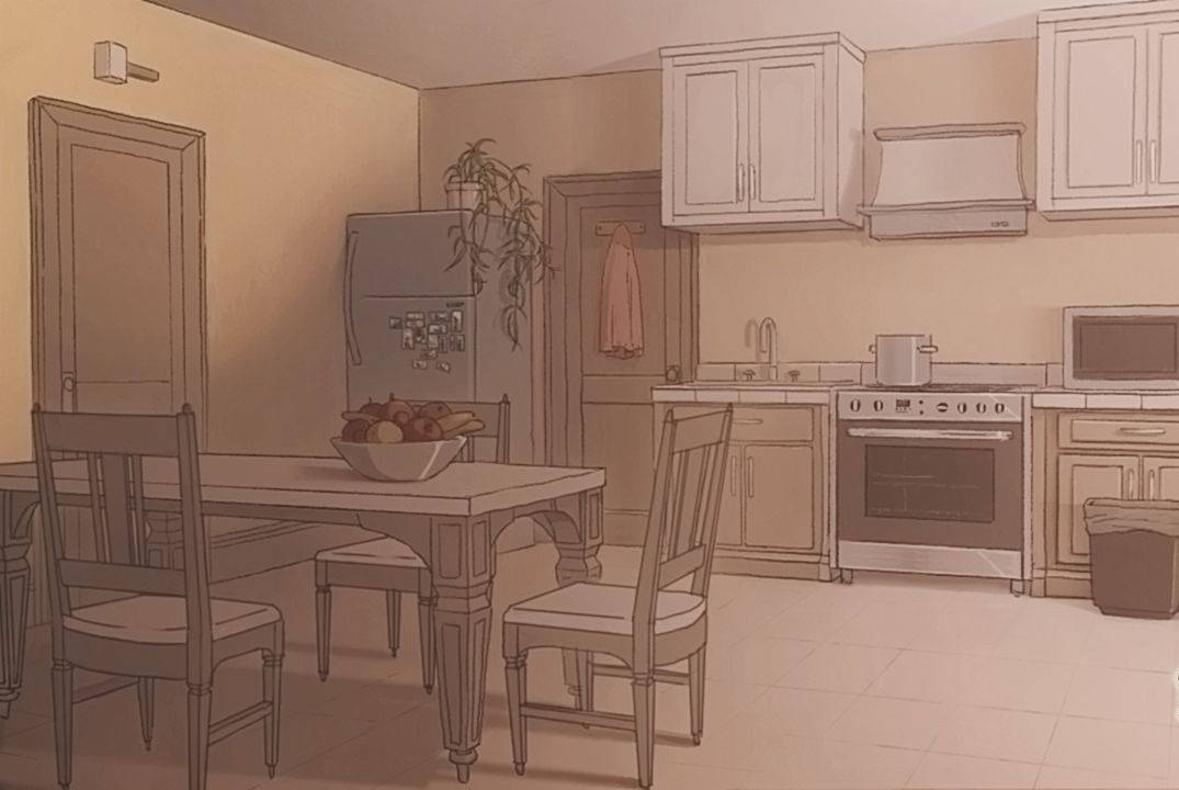 90s anime aesthetic desktop, sepia-toned illustrated kitchen, wooden dining table chairs, SD Desktop Wallpaper