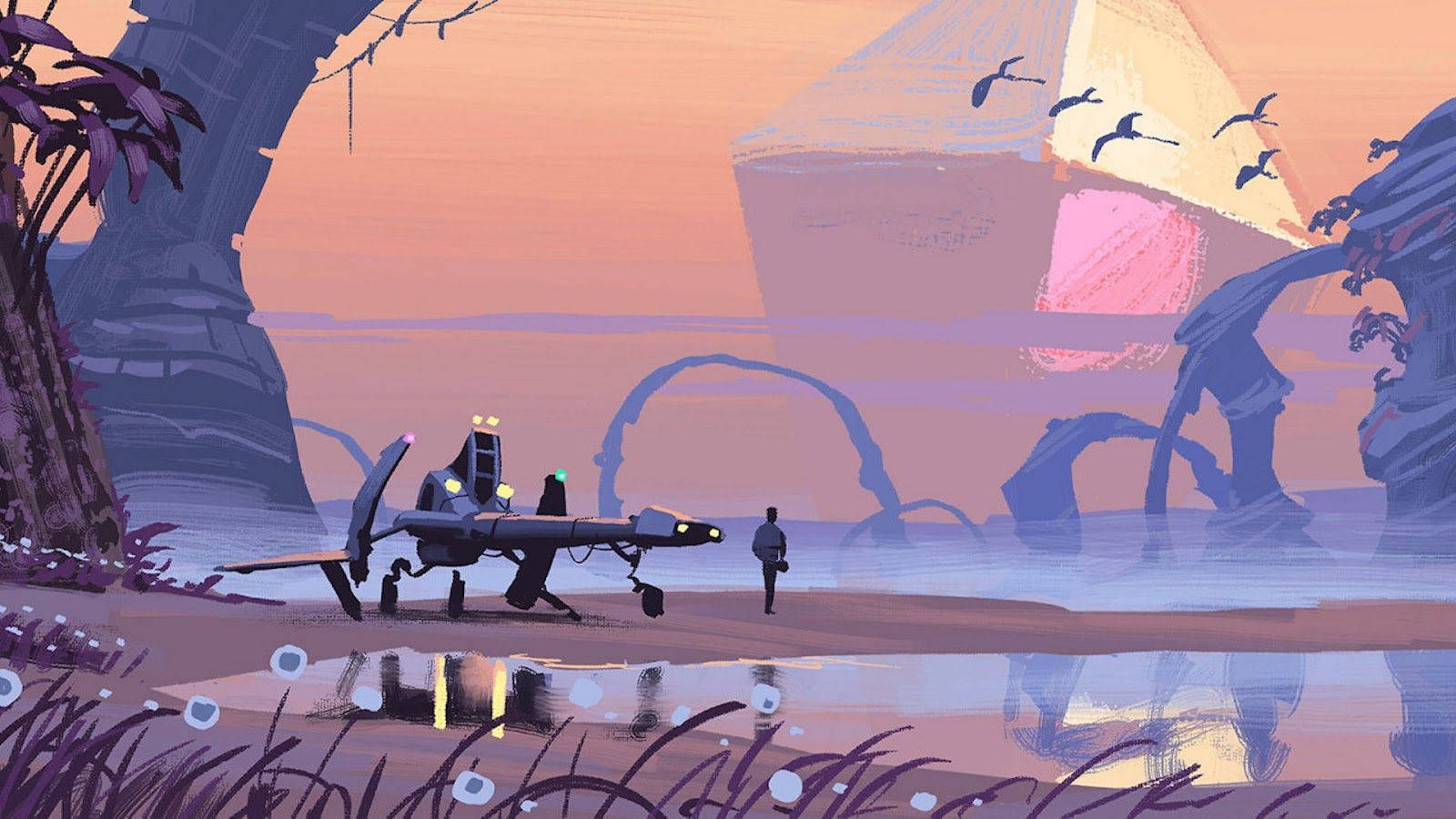 90s anime aesthetic desktop, futuristic aircraft, twilight shore, HD Desktop Wallpaper