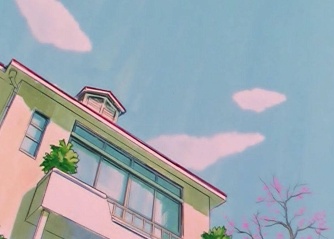 pink roof, blue sky, pastel-colored anime house, SD Desktop Wallpaper