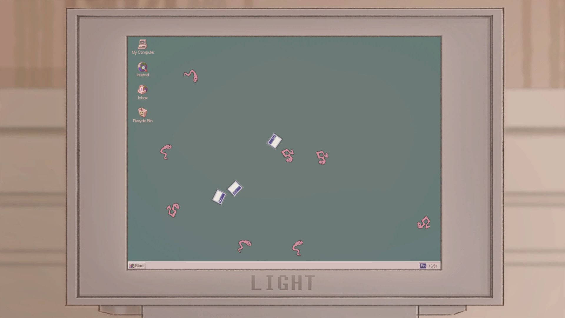 90s Anime Aesthetic Desktop, muted teal background, retro computer monitor, Full HD Desktop Wallpaper