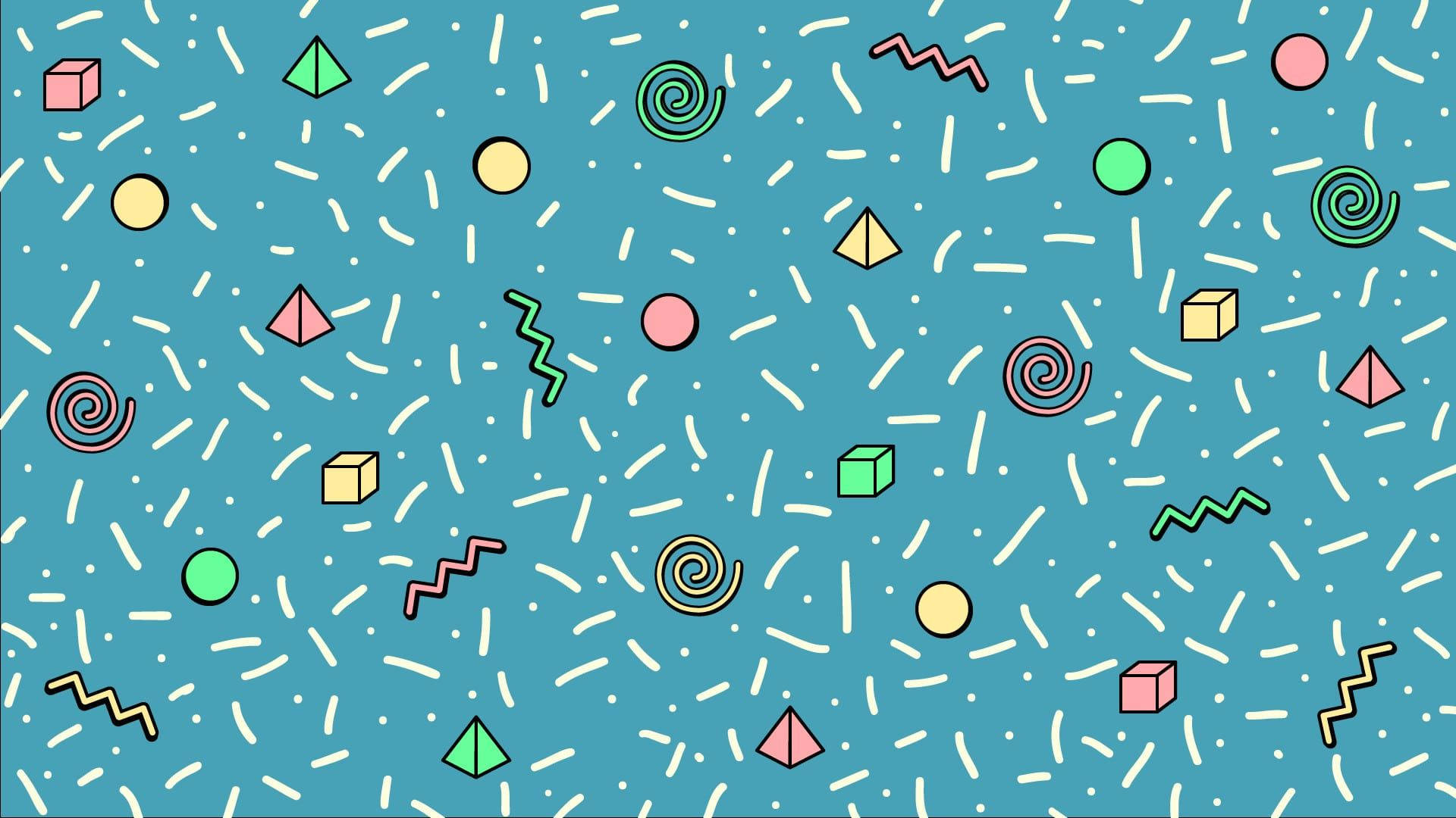 90s anime aesthetic desktop, teal background, colorful geometric shapes, Full HD Desktop Wallpaper