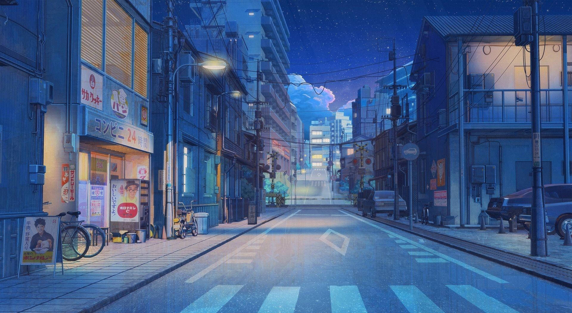 90s anime aesthetic desktop, Japanese street, night, Full HD Desktop Wallpaper