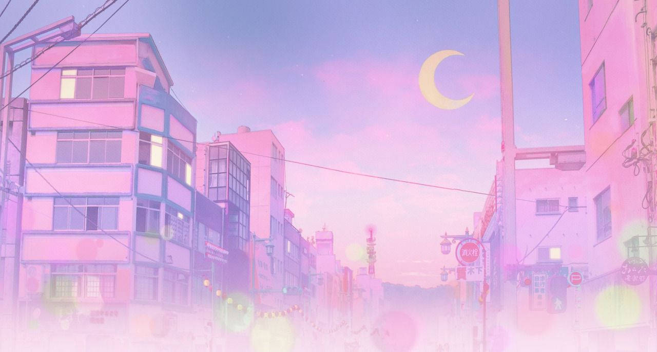 90s Anime Aesthetic Desktop, pink and purple hues, crescent moon, HD Desktop Wallpaper
