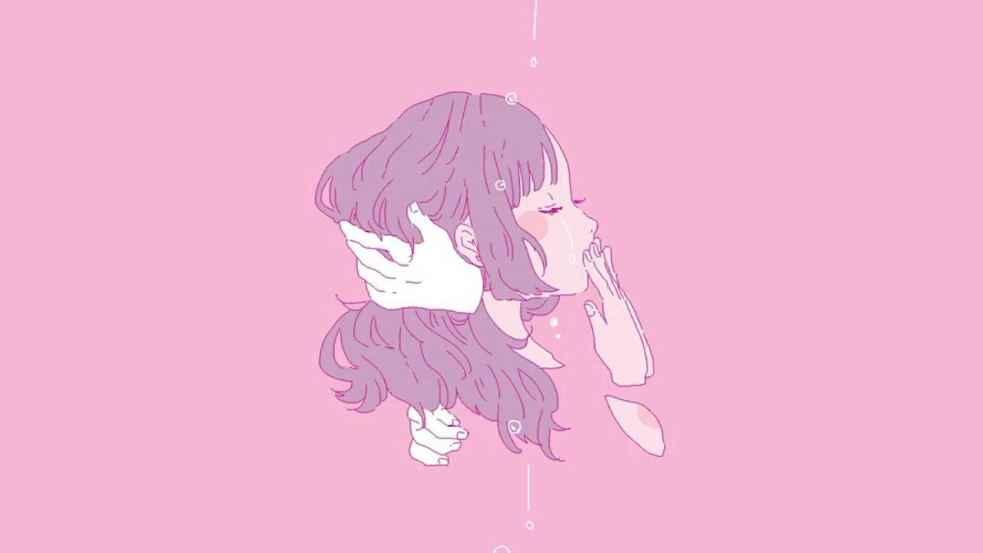 90s anime aesthetic desktop, purple hair, soft pink background, Full HD Desktop Wallpaper
