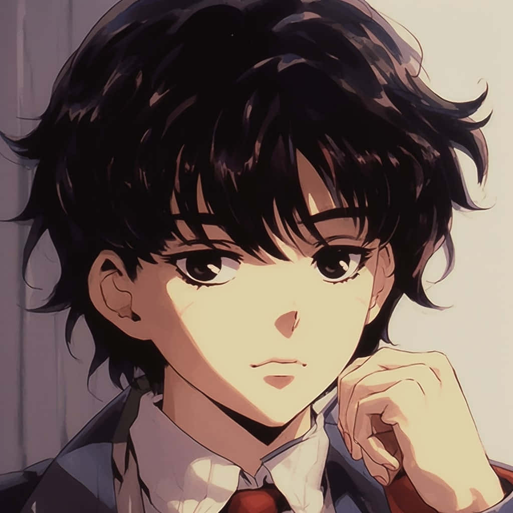 90s Anime Character Portrait, young anime boy, messy black hair, SD Desktop Wallpaper