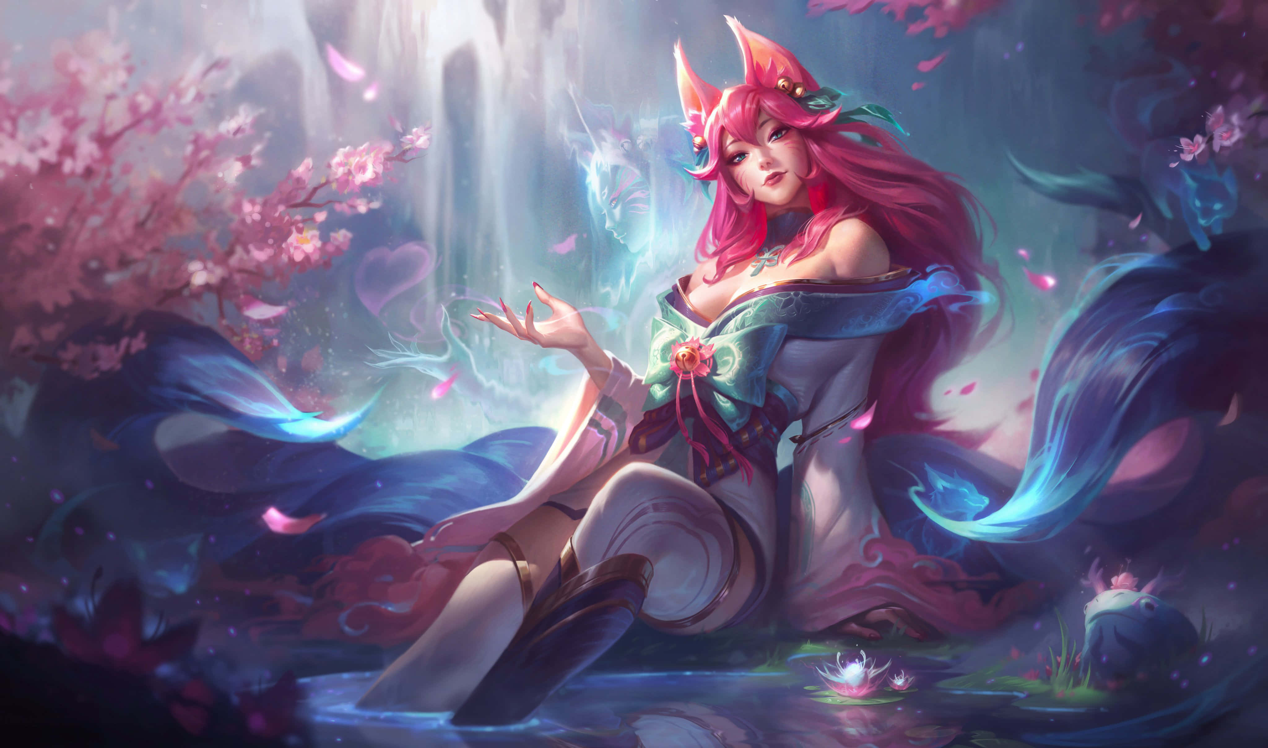 90s Anime, pink-haired anime girl, fox ears, 4K Desktop Wallpaper