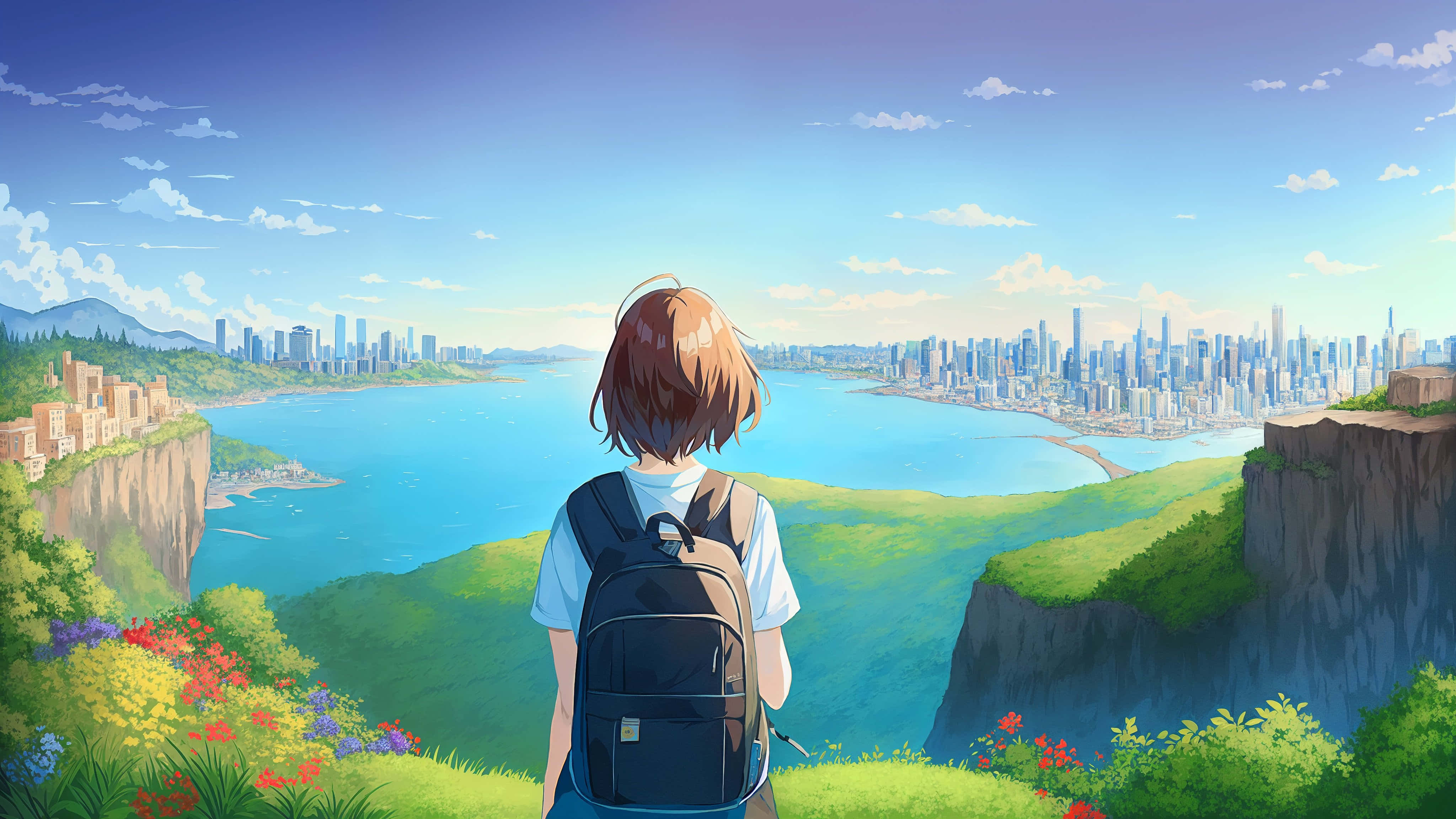90s Anime, young traveler, backpack, 4K Desktop Wallpaper