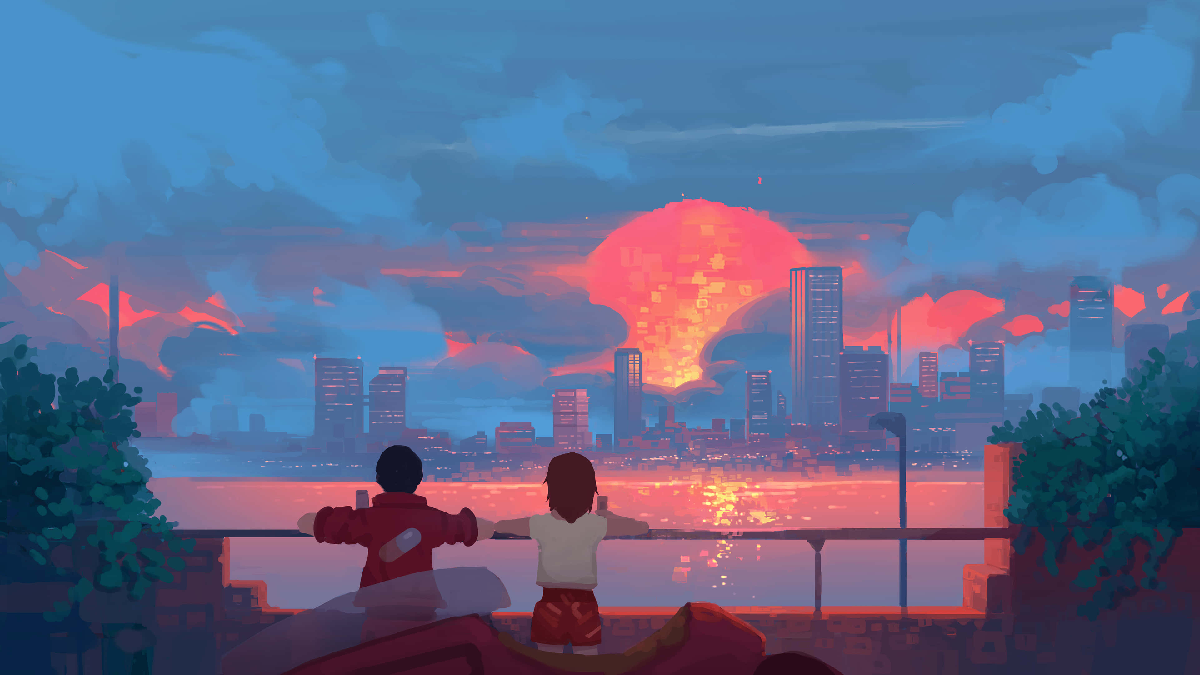 90s Anime, rooftop, city skyline, 4K Desktop Wallpaper
