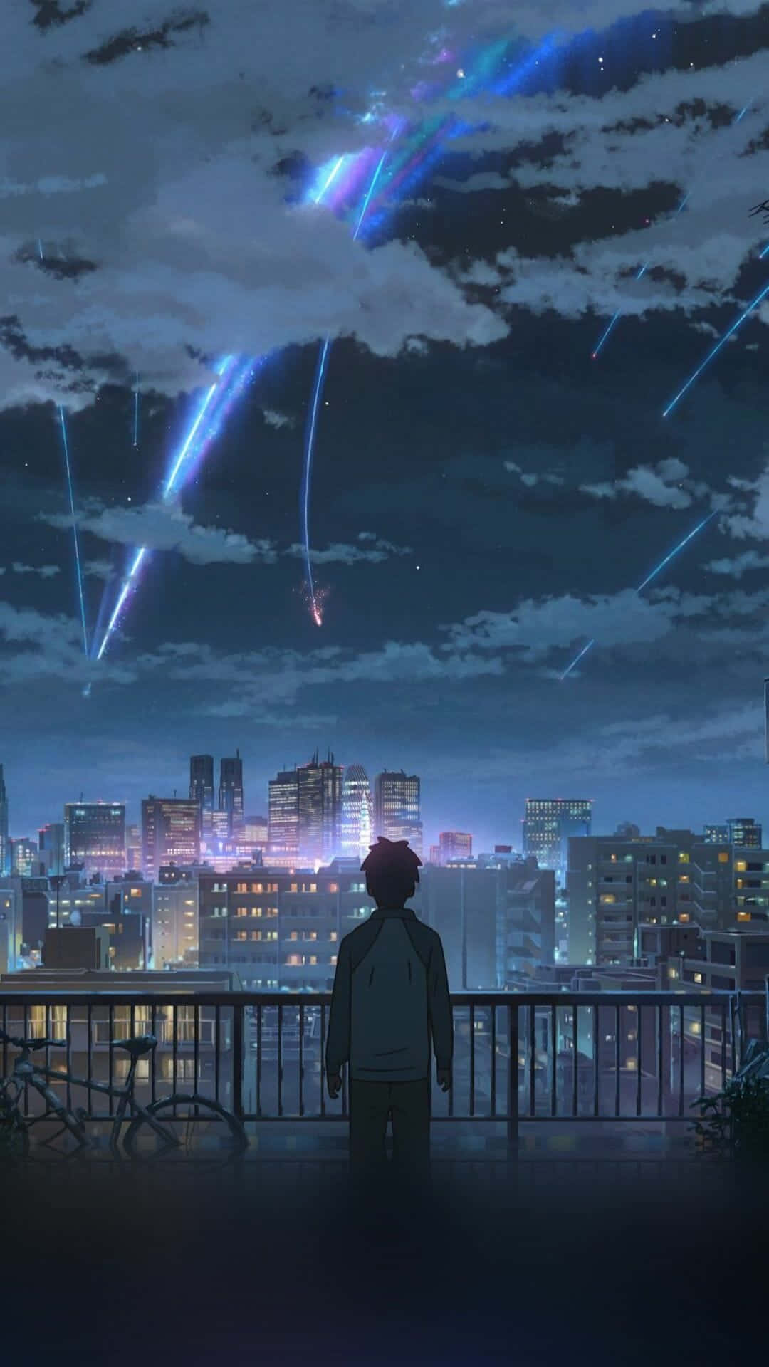 90s anime, anime boy, city balcony, Full HD Phone Wallpaper