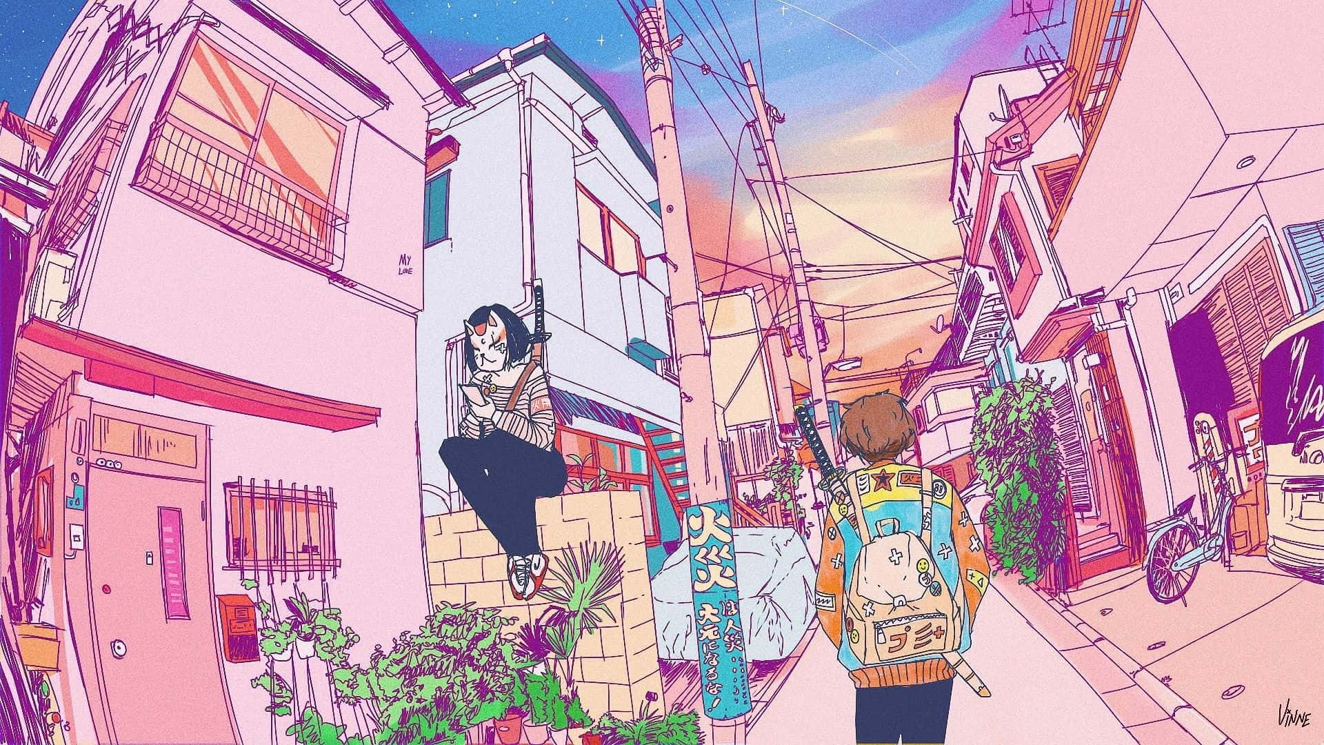 90s anime, Retro Aesthetic 90's Anime Scene, pink and purple Japanese alleyway, Full HD Desktop Wallpaper