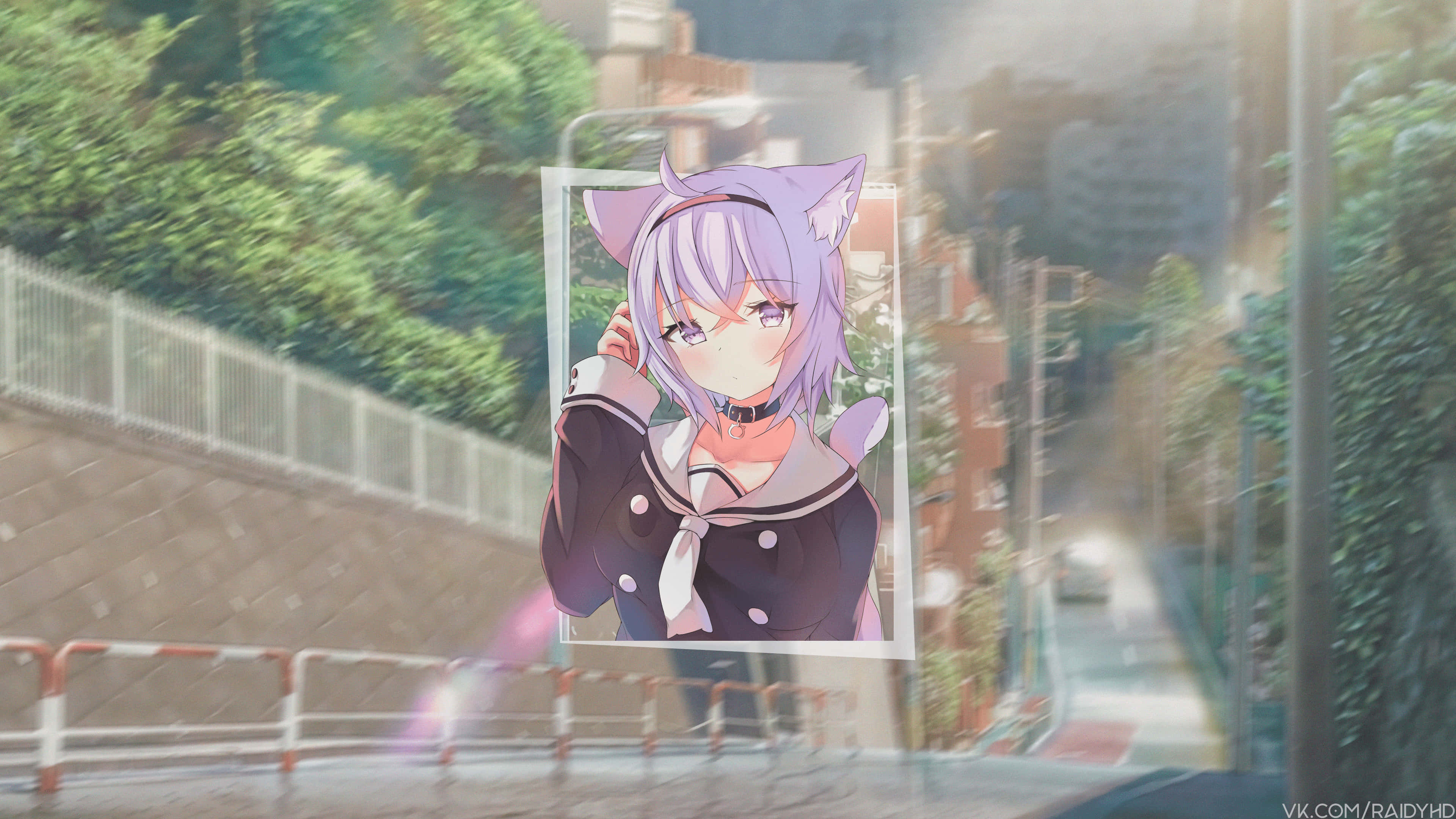 90s Anime, cat girl, purple-haired, 4K Desktop Wallpaper