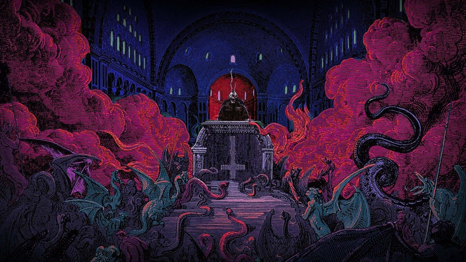 90s Anime, cathedral, monstrous creatures, Full HD Desktop Wallpaper