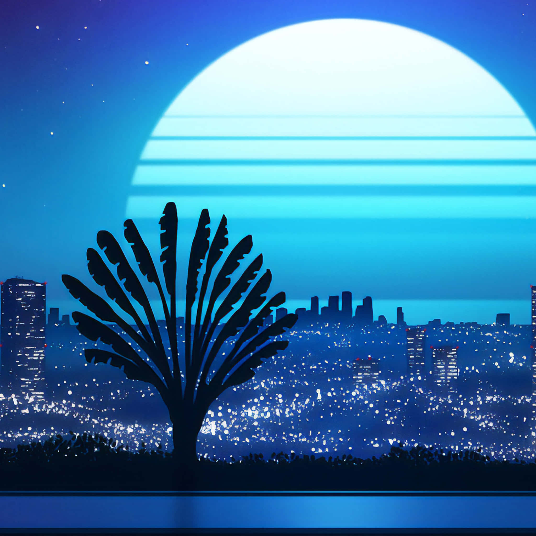 90s Anime, palm tree silhouette, glowing blue cityscape, Full HD Desktop Wallpaper