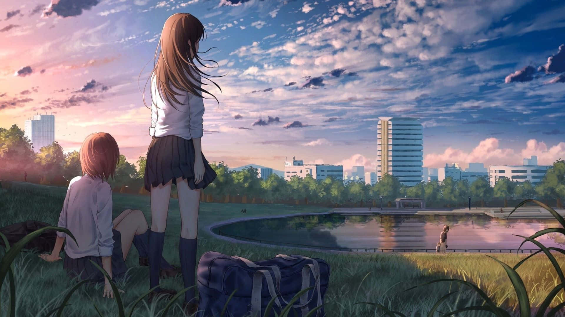 90s Anime Aesthetic, girls, pond, Full HD Desktop Wallpaper