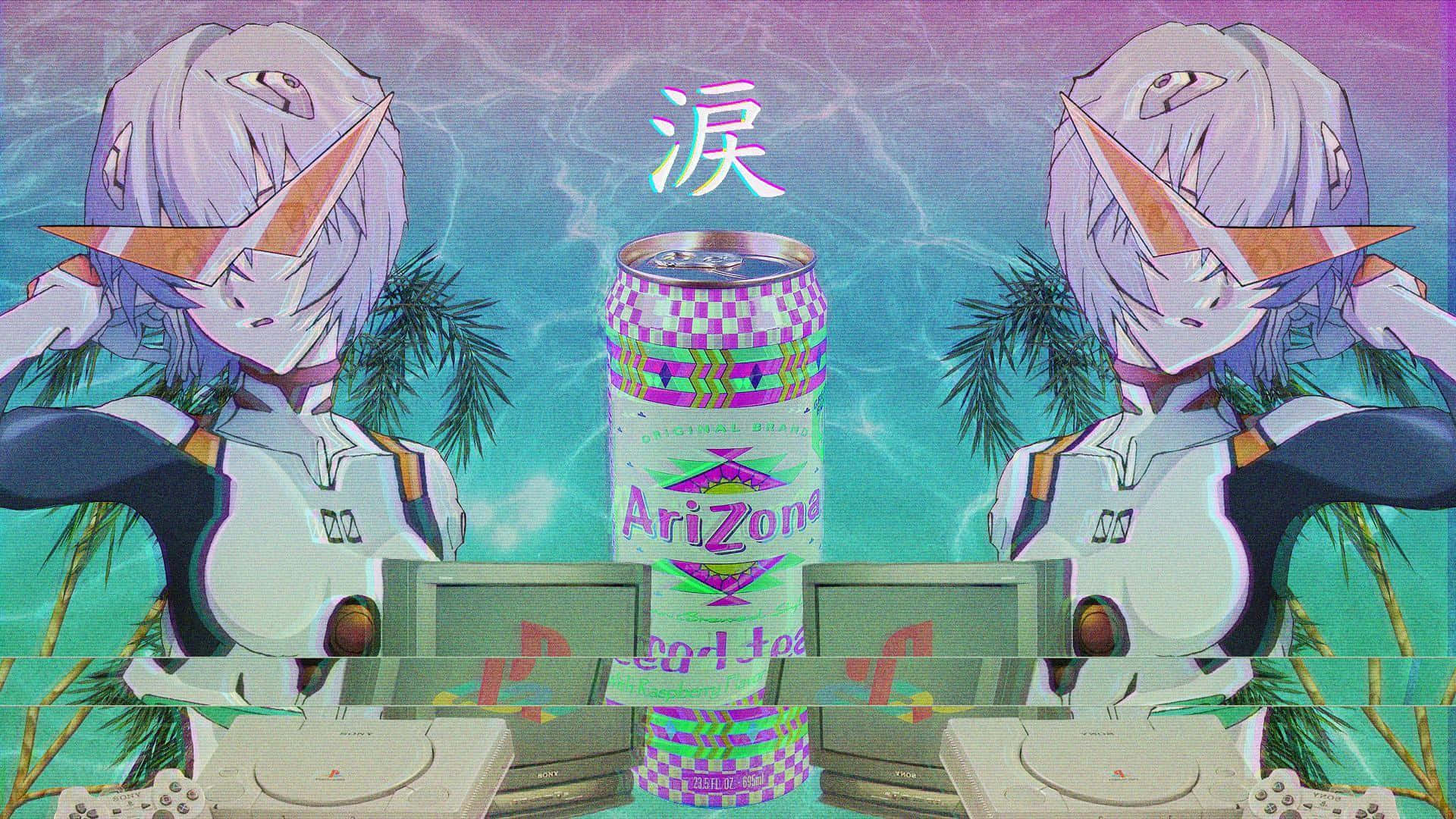 90s Anime, glitch, tropical scene, Full HD Desktop Wallpaper