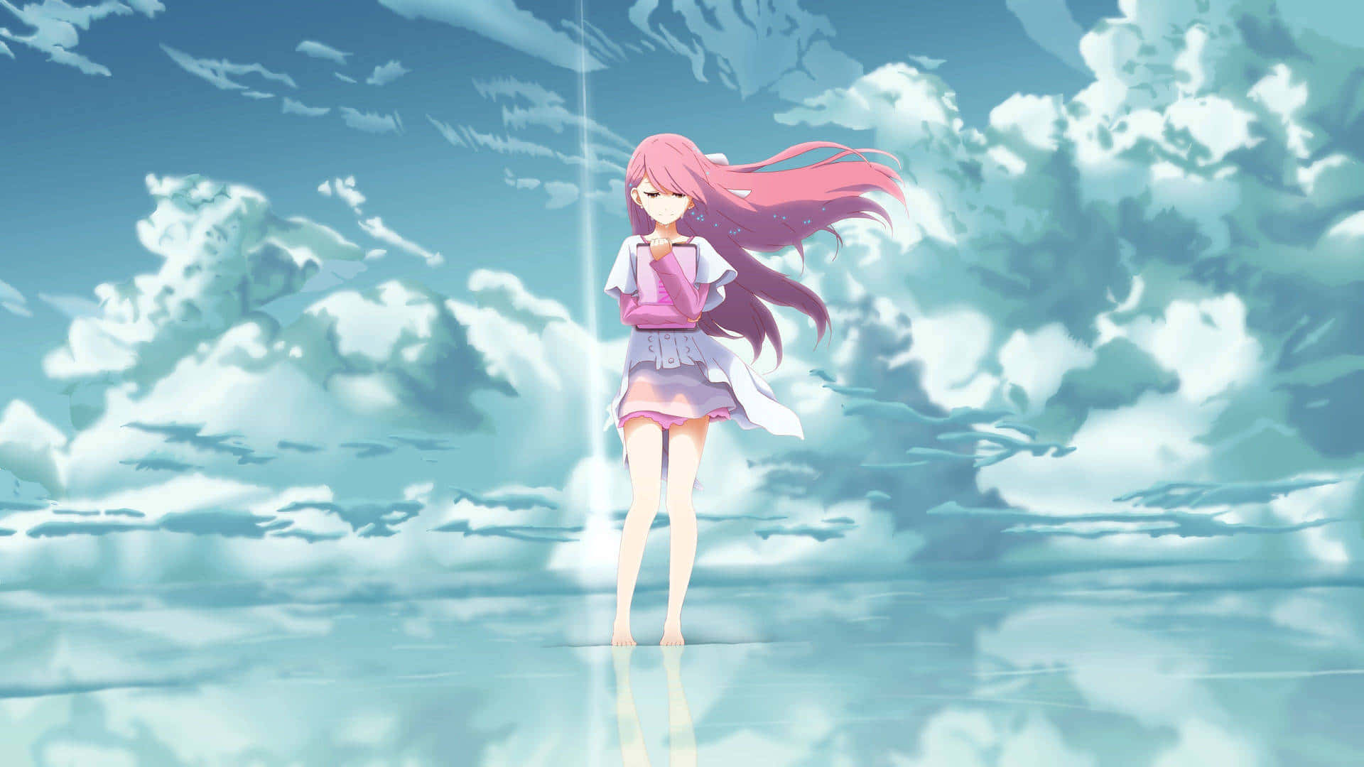 90s Anime, pink-haired anime girl, reflective surface, Full HD Desktop Wallpaper